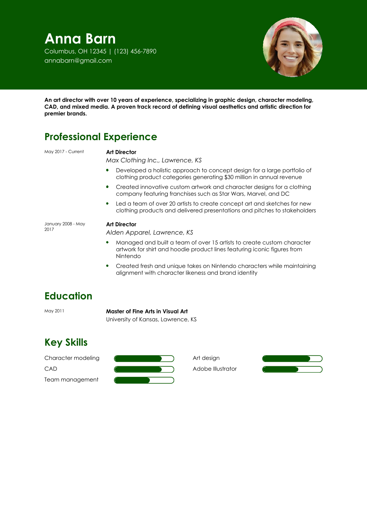 Art Director and Creative Lead Resume Example