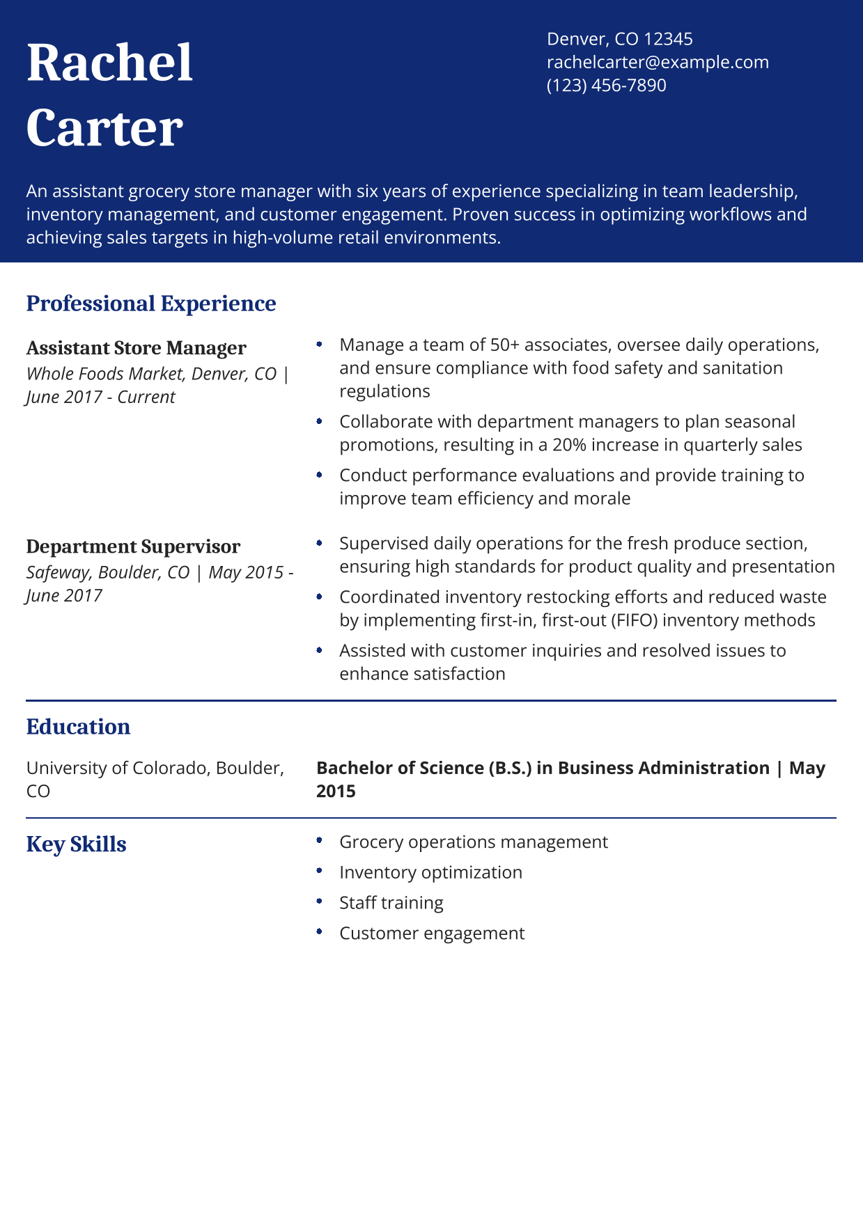 Assistant Grocery Store Manager Resume Example