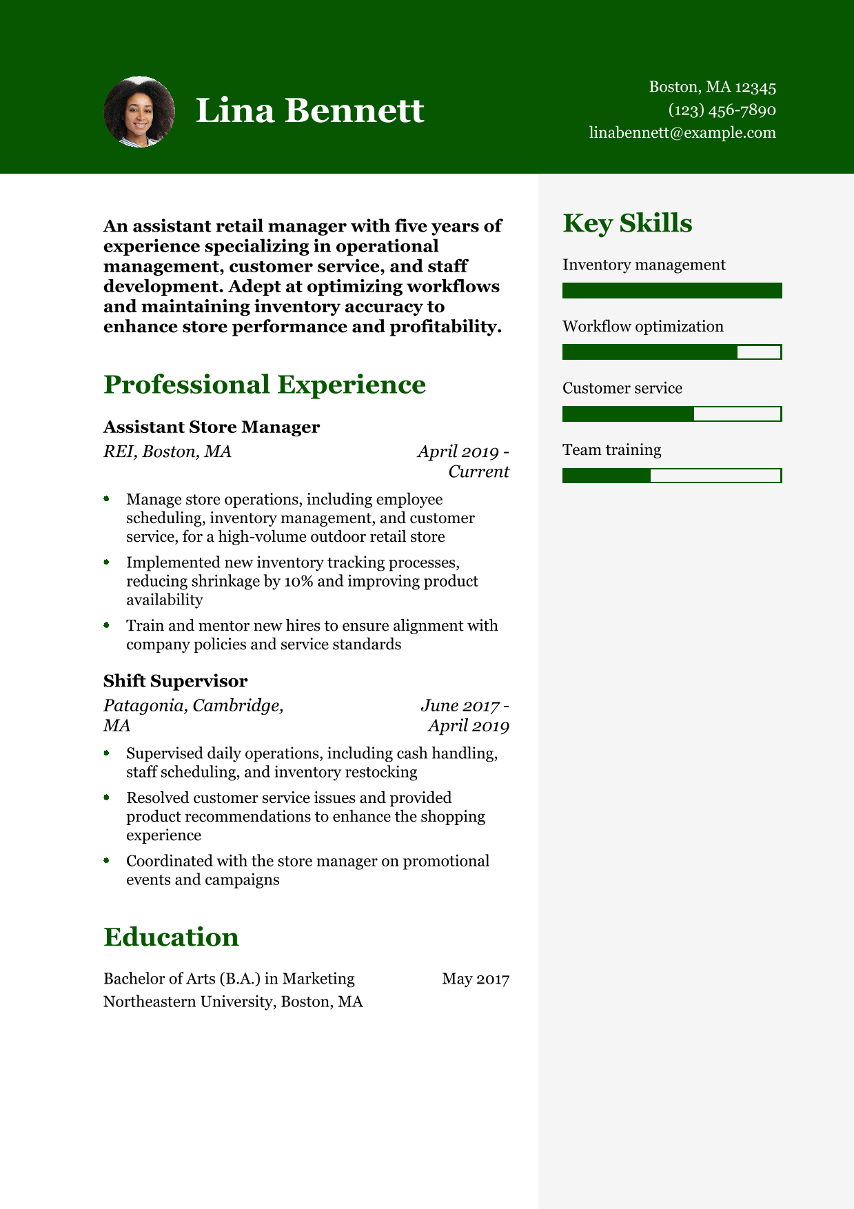 Assistant Retail Manager Resume Example