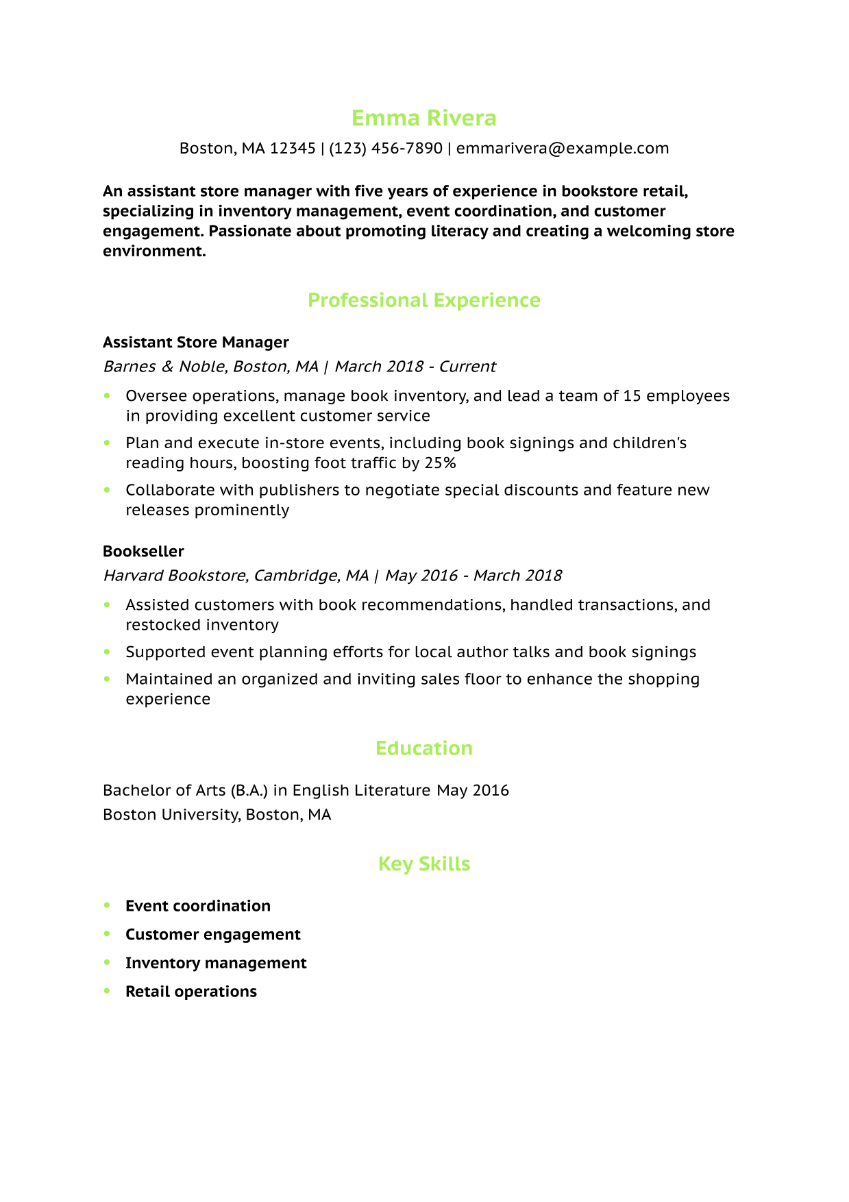 Assistant Store Manager - Bookstore Retail Resume Example