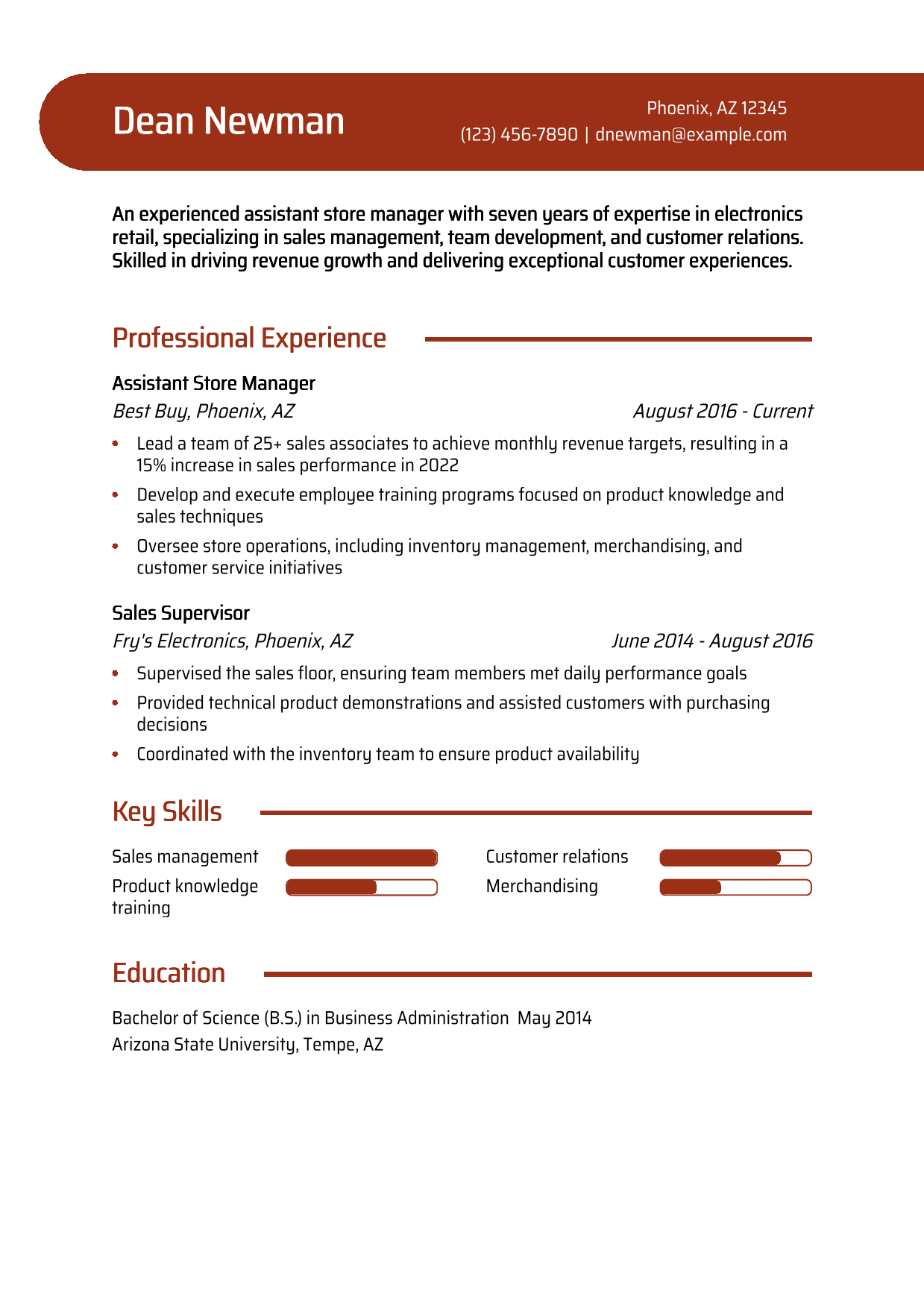 Assistant Store Manager - Electronics Retail Resume Example 1