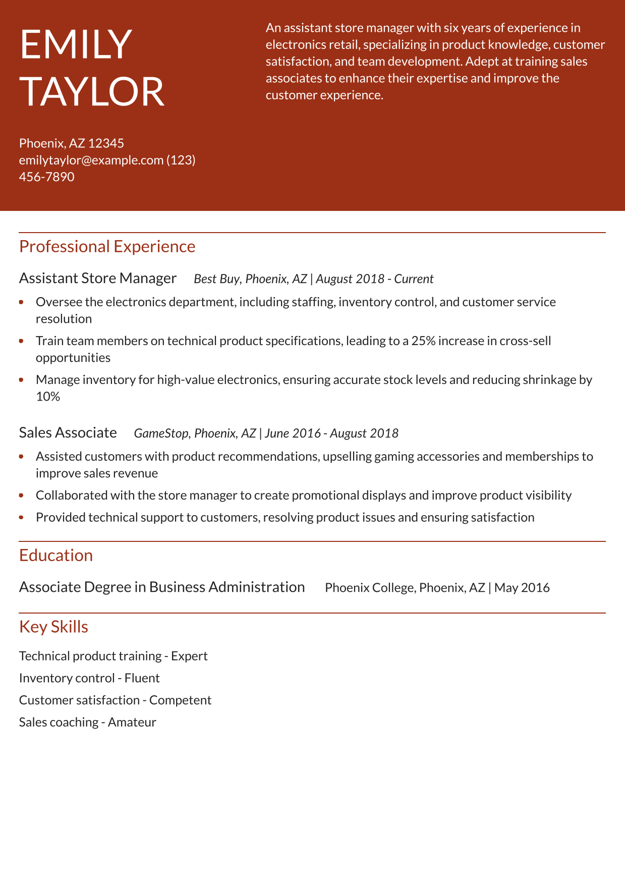 Assistant Store Manager - Electronics Retail Resume Example 2