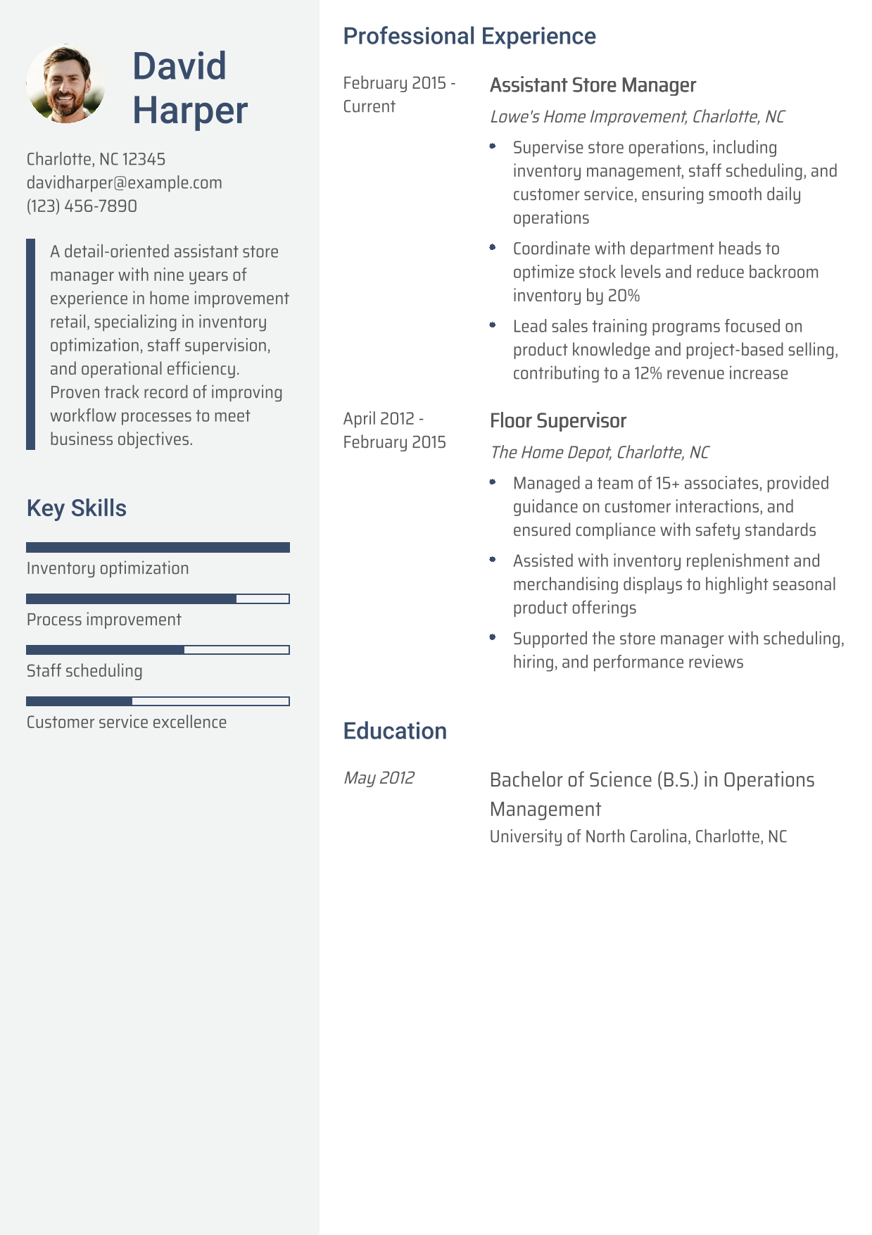 Assistant Store Manager - Home Improvement Resume Example