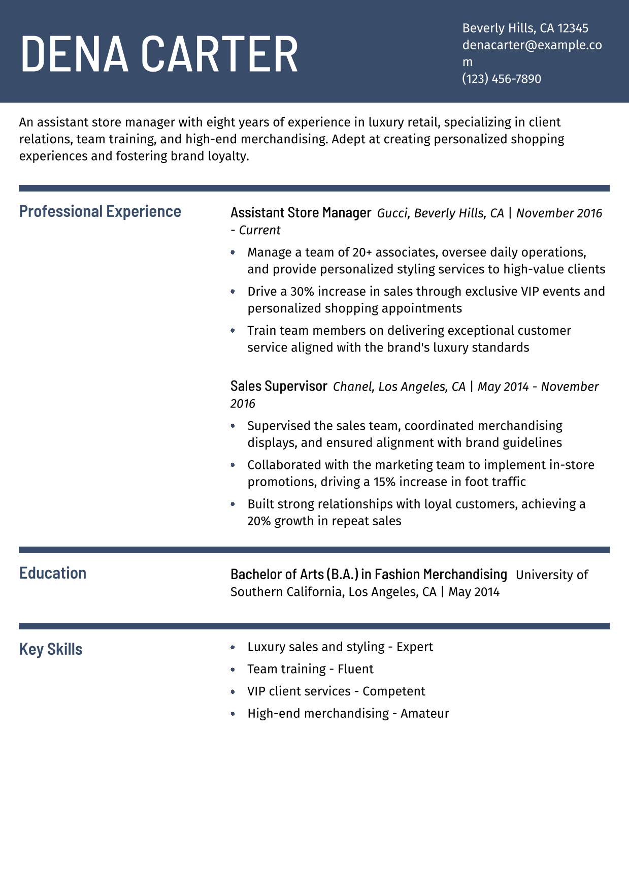 Assistant Store Manager - Luxury Retail Resume Example