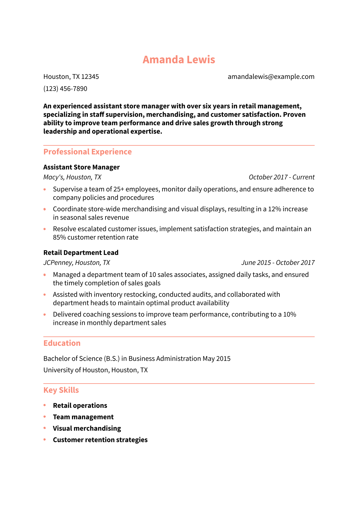 Assistant Store Manager Resume Example