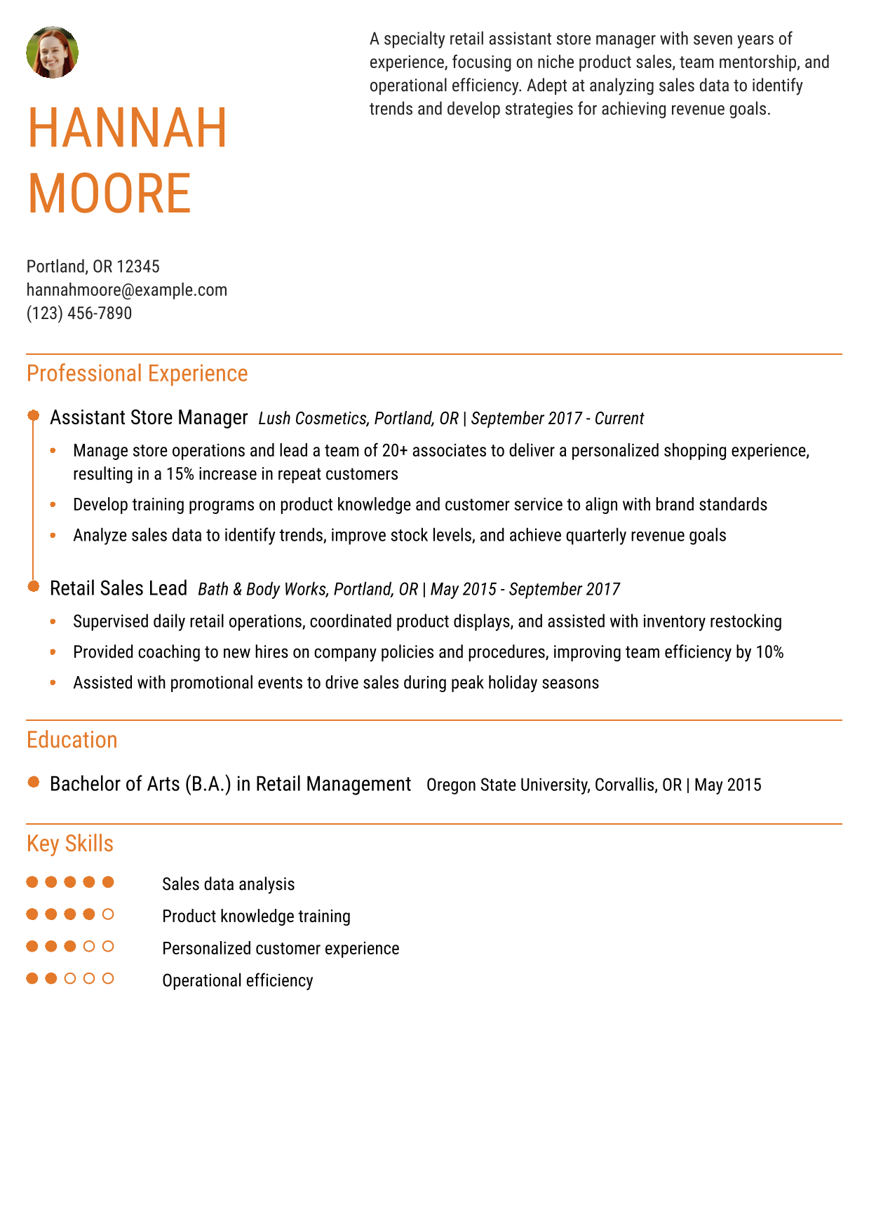 Assistant Store Manager - Specialty Retail Resume Example