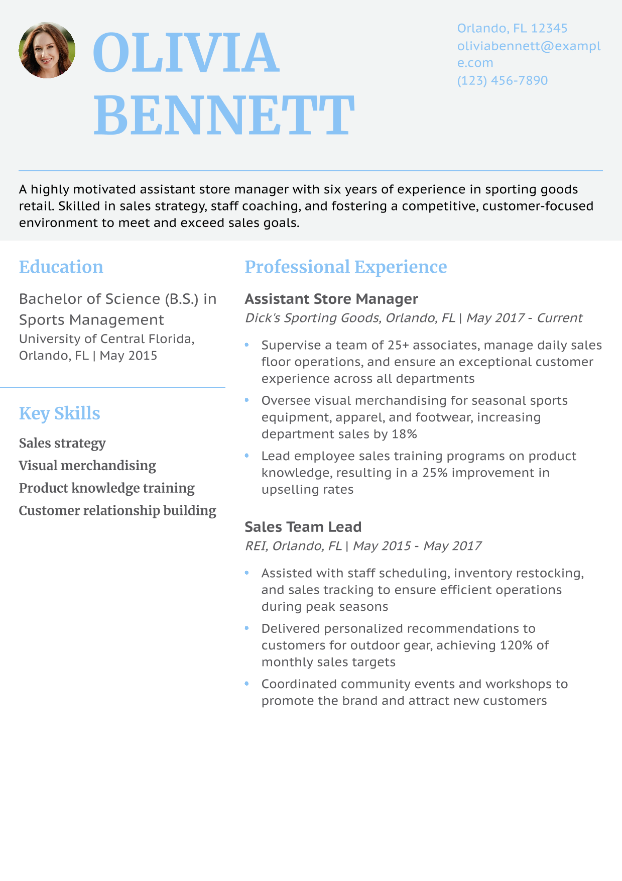 Assistant Store Manager - Sporting Goods Resume Example