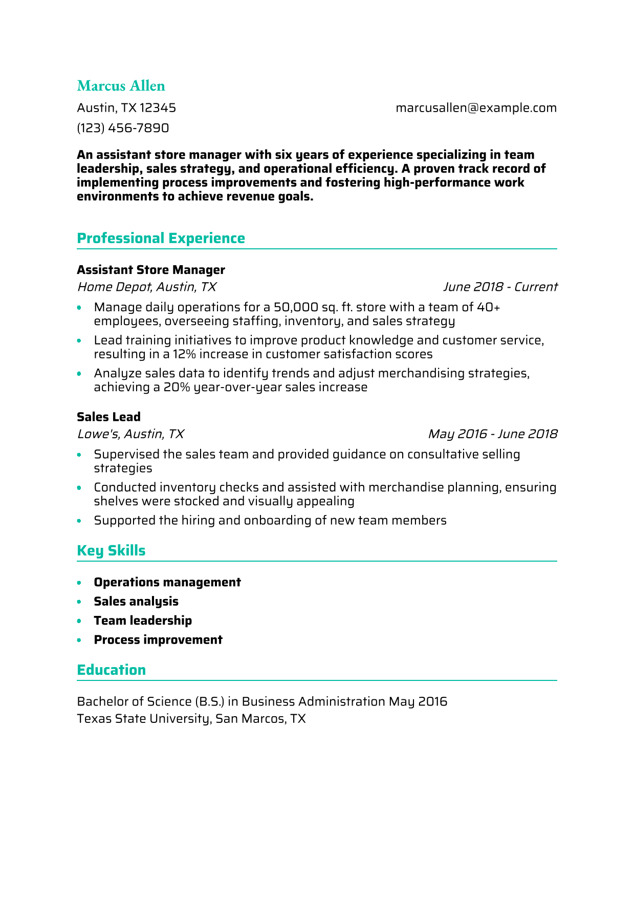 Associate Store Manager Resume Example