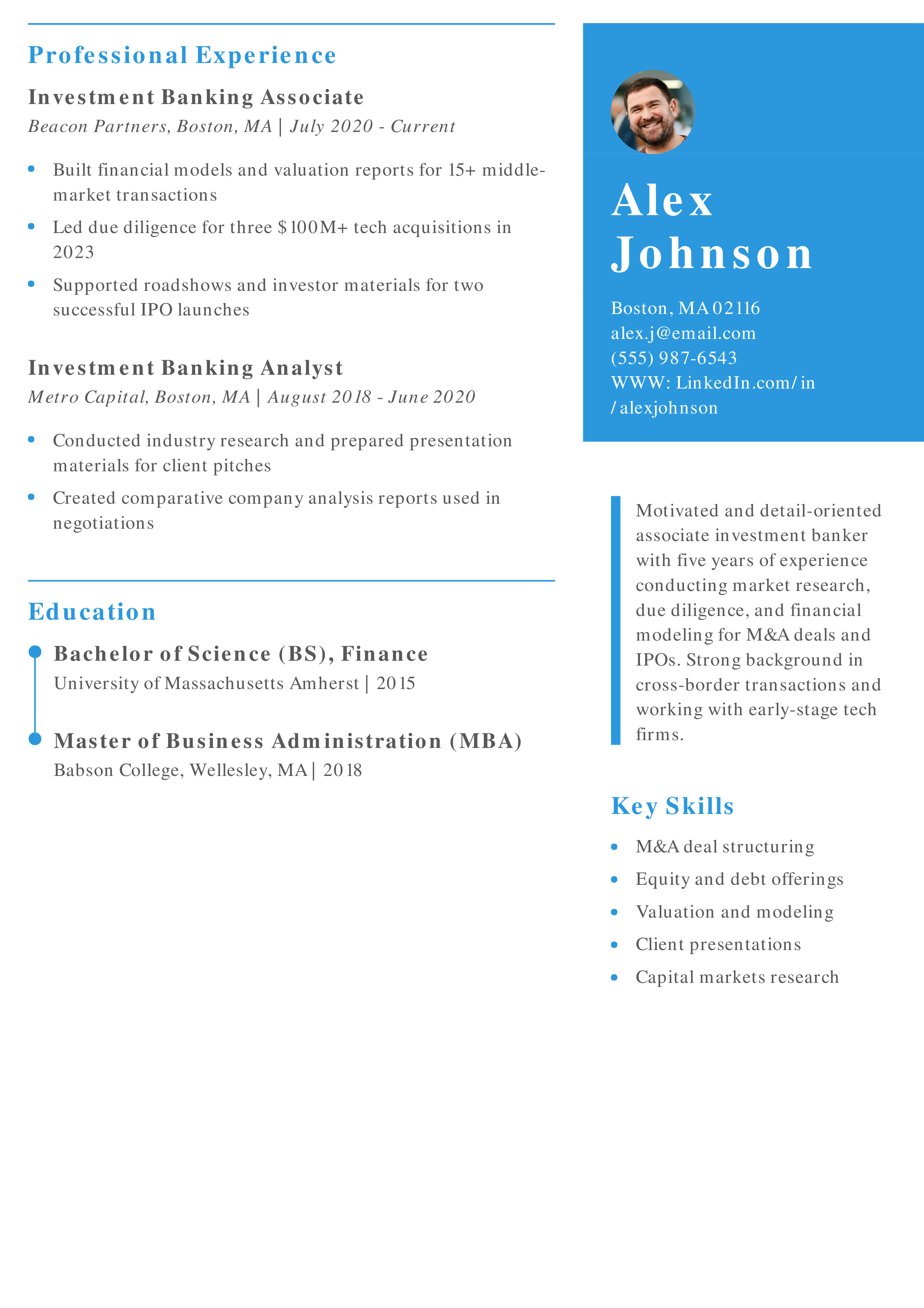 Associate Investment Banking Resume Example
