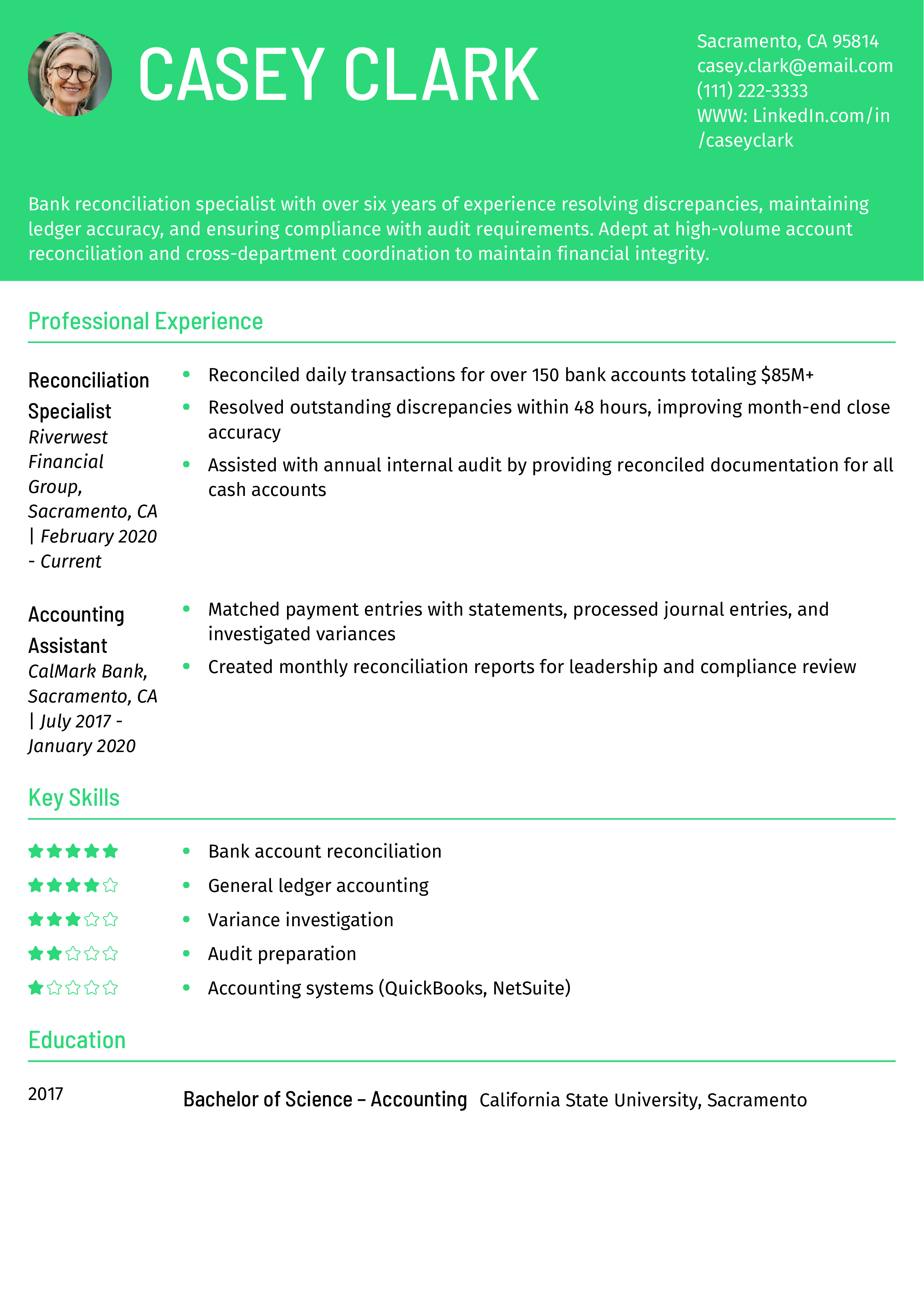 Bank Reconciliation Specialist Resume Example