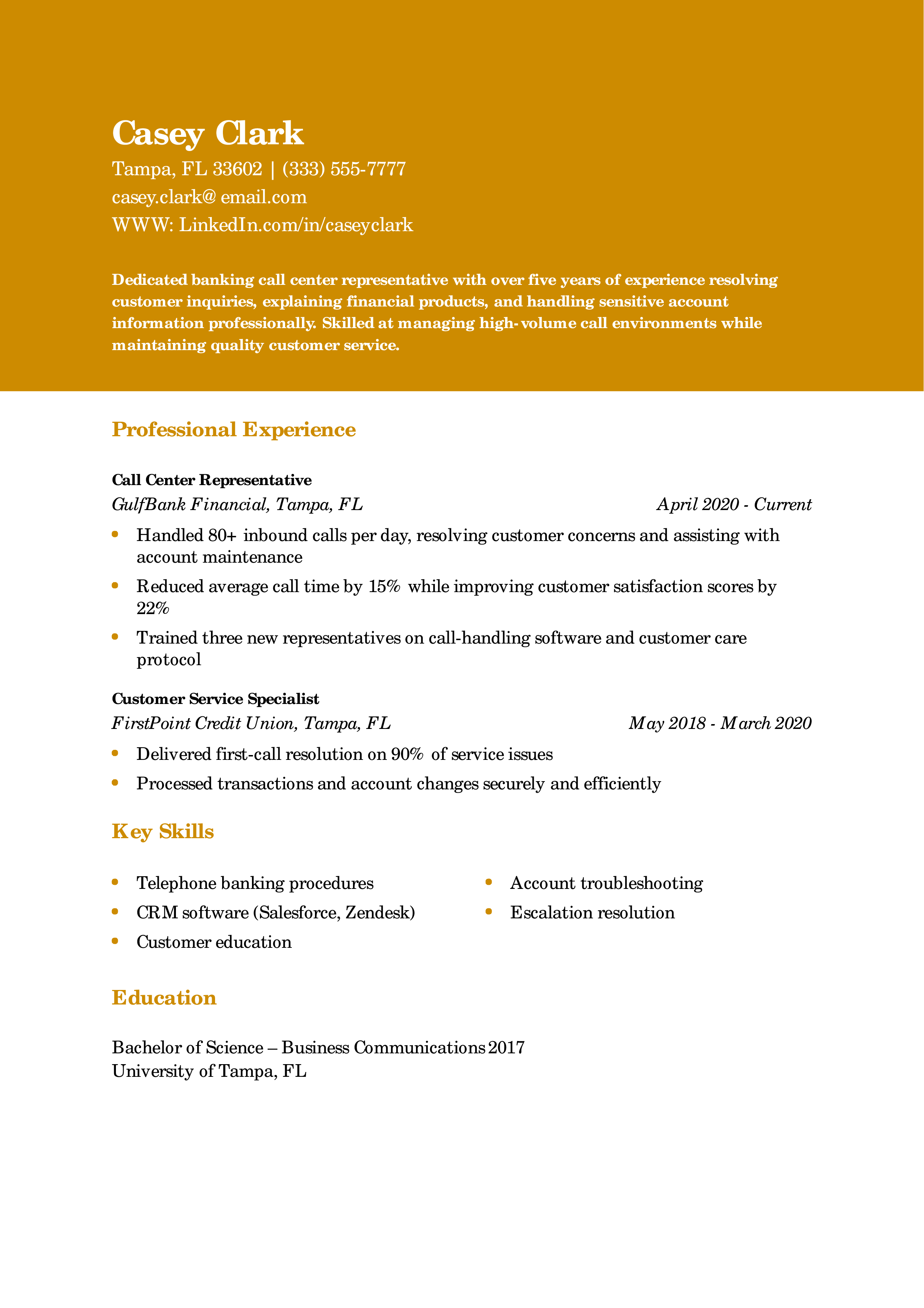 Banking Call Center Representative Resume Example