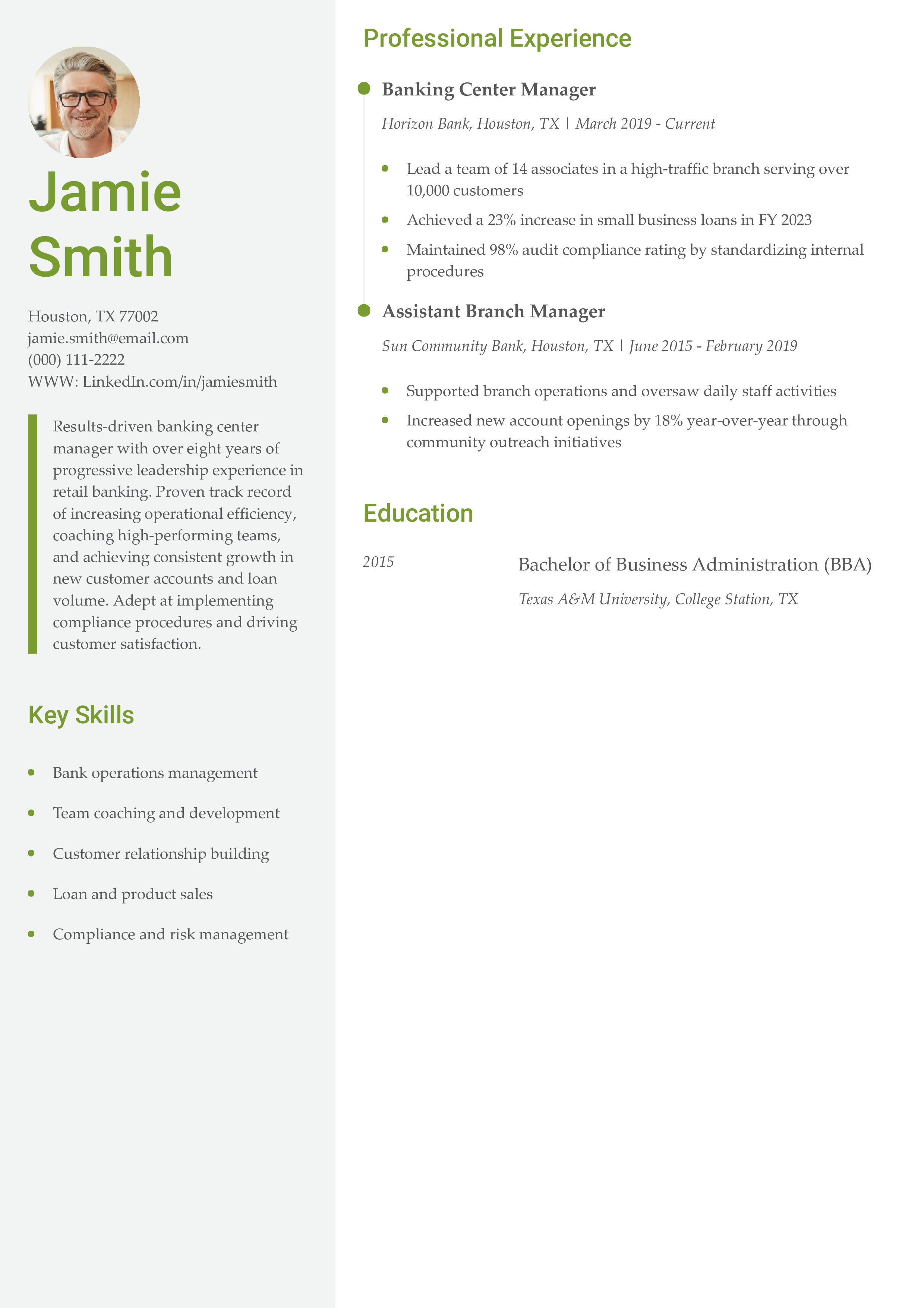 Banking Center Manager Resume Example
