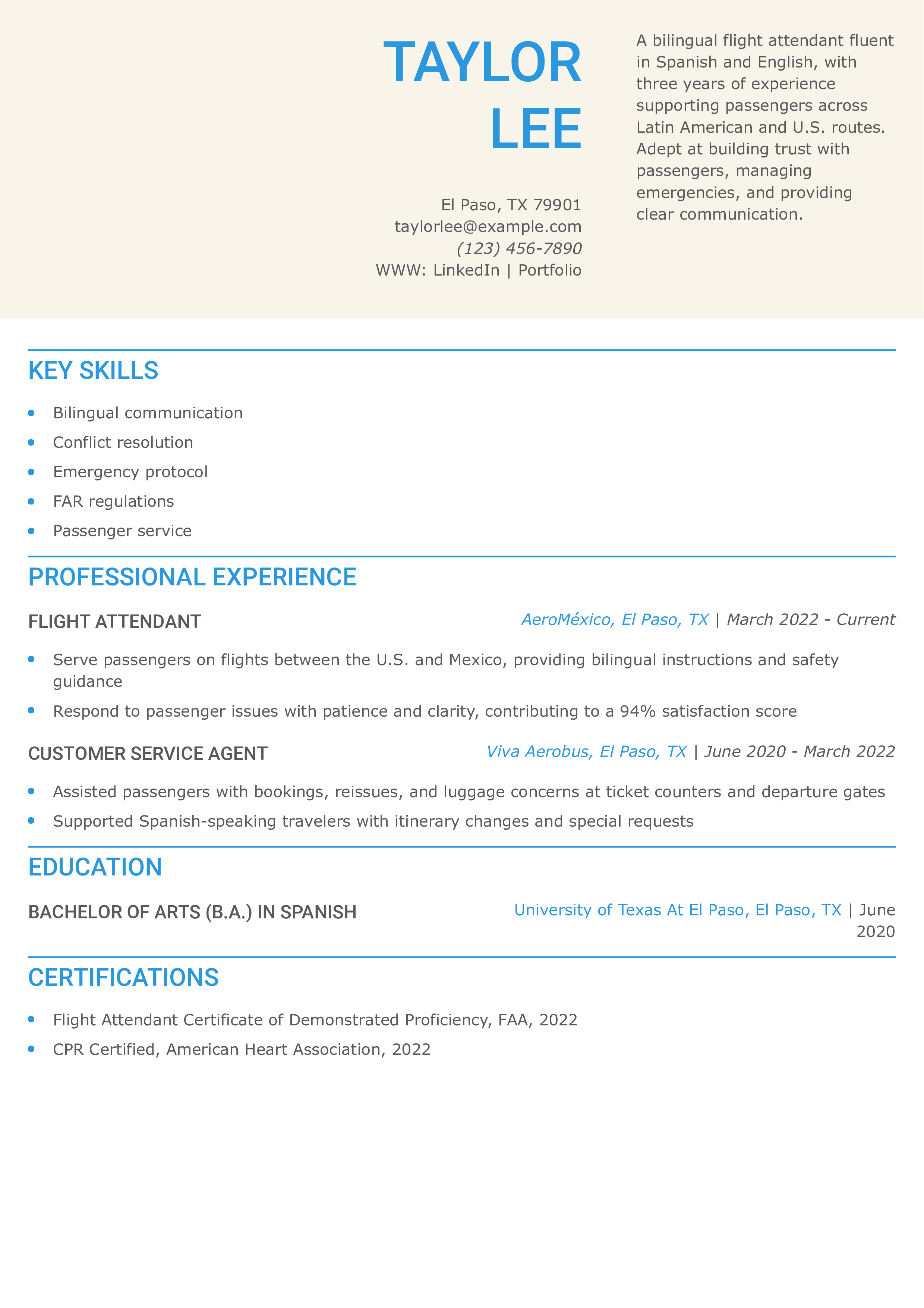 Bilingual Spanish Flight Attendant Resume Example