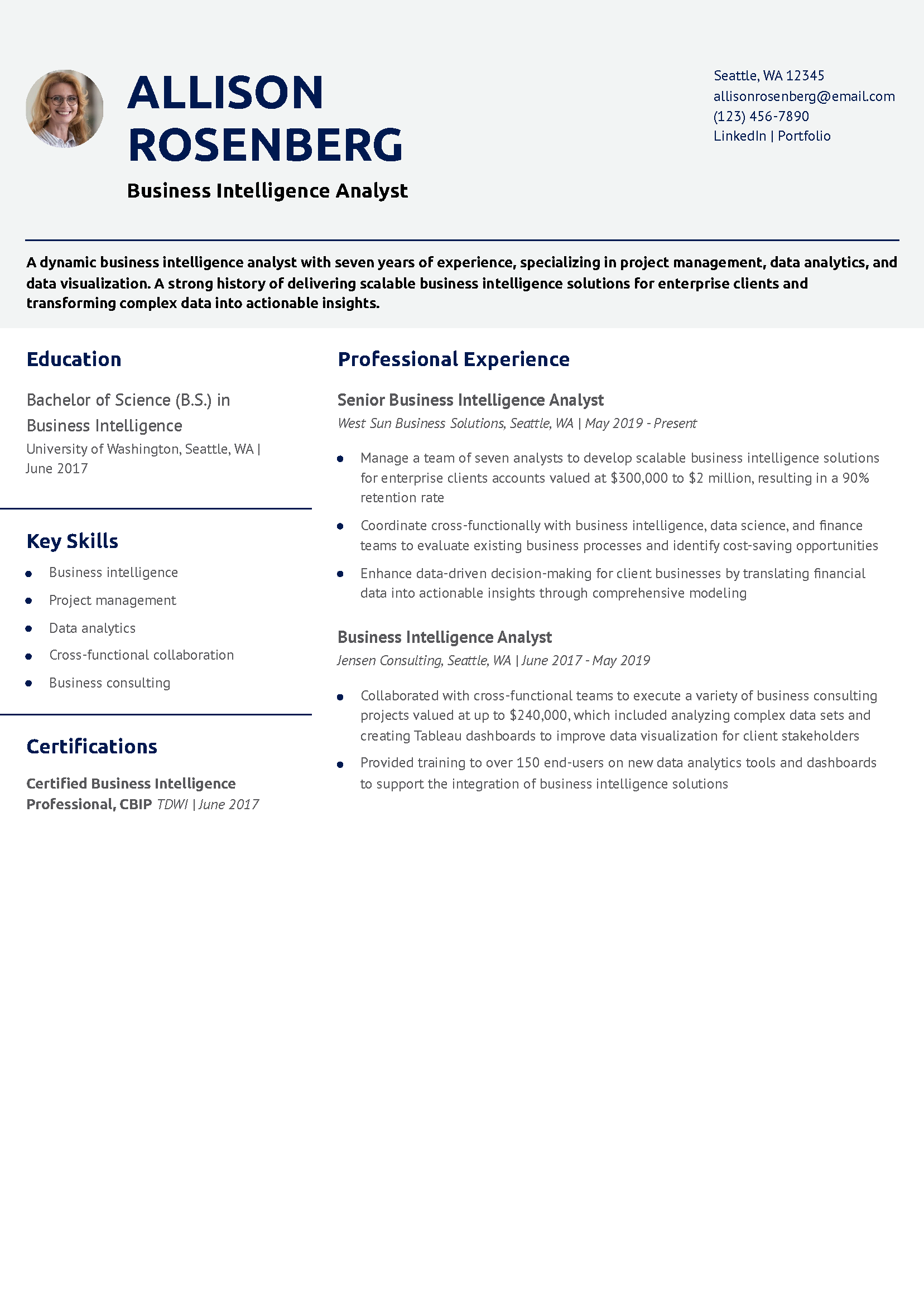 Business Intelligence Analyst Resume Example