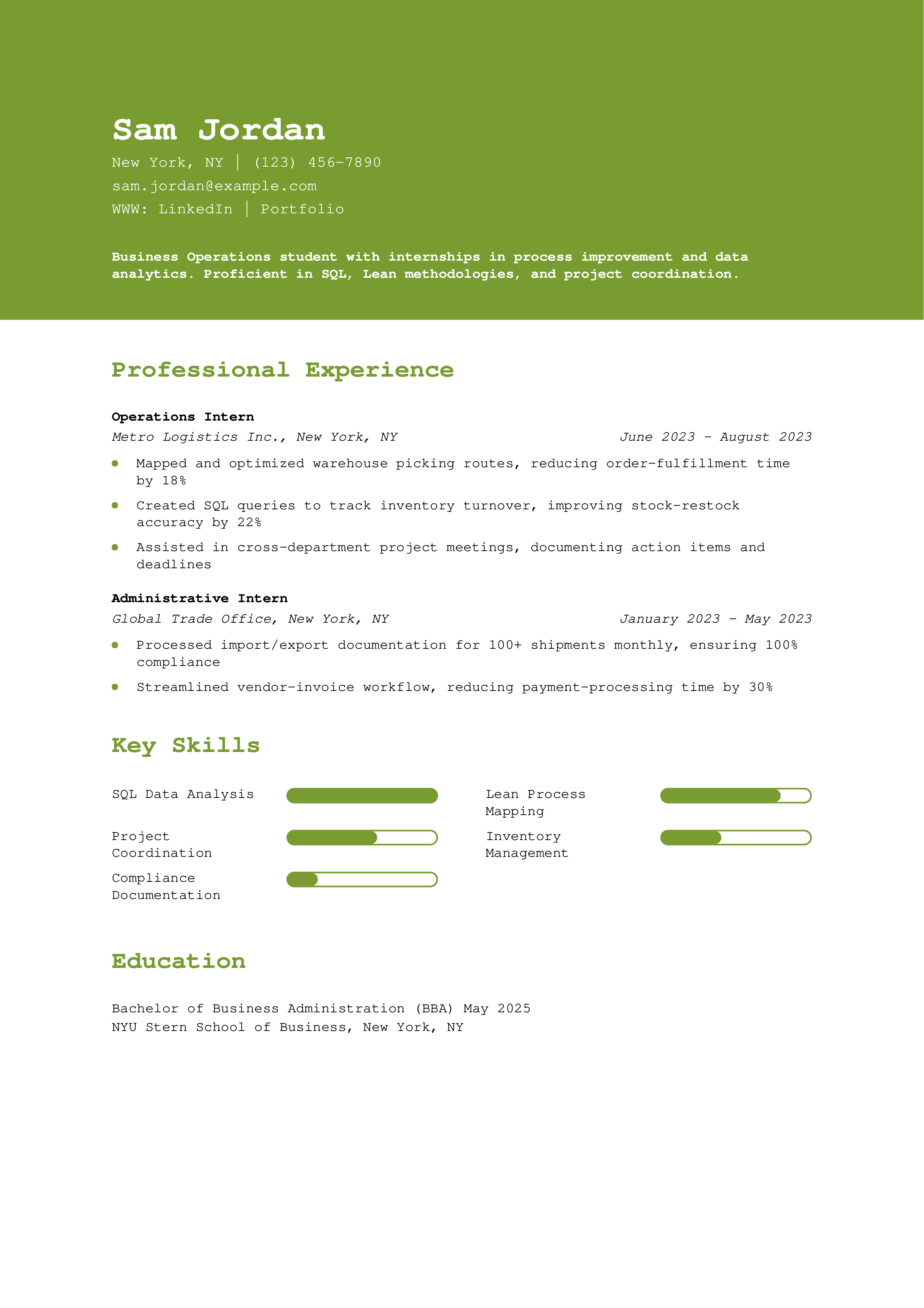 Business Operations Internship Resume