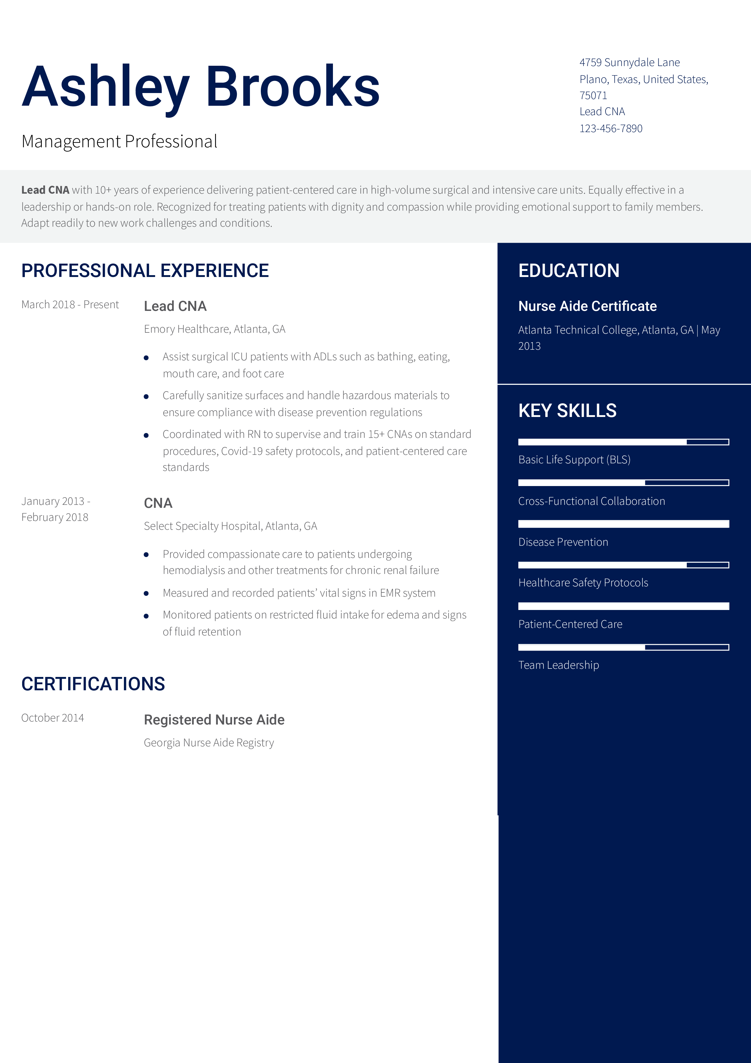 Lead CNA Resume Example