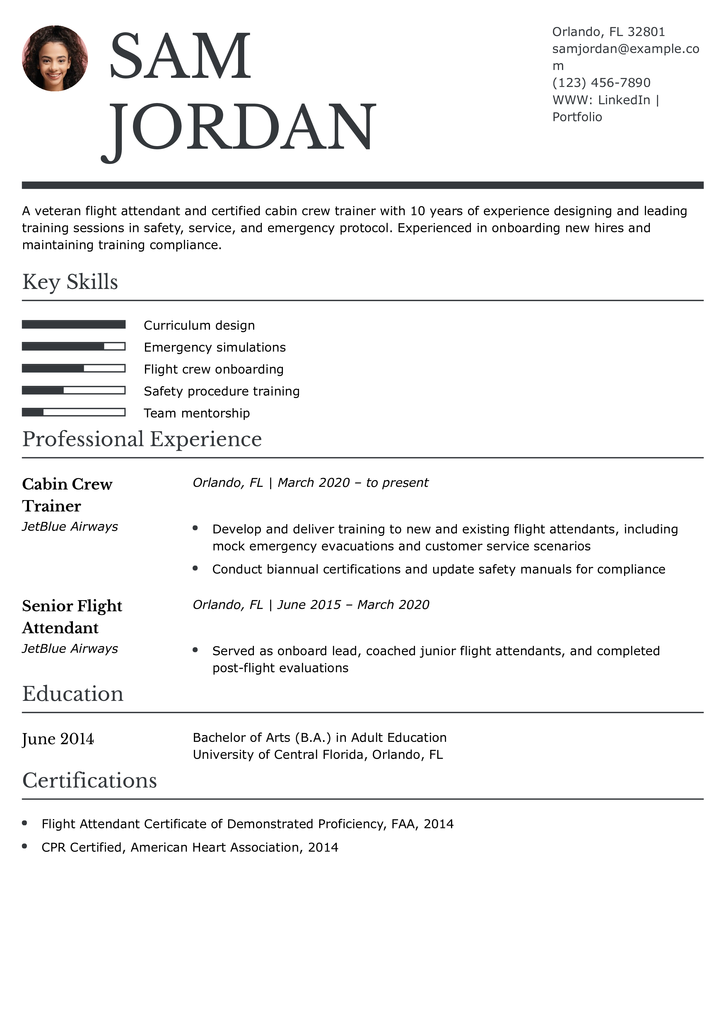 Cabin Crew Instructor Resume Example