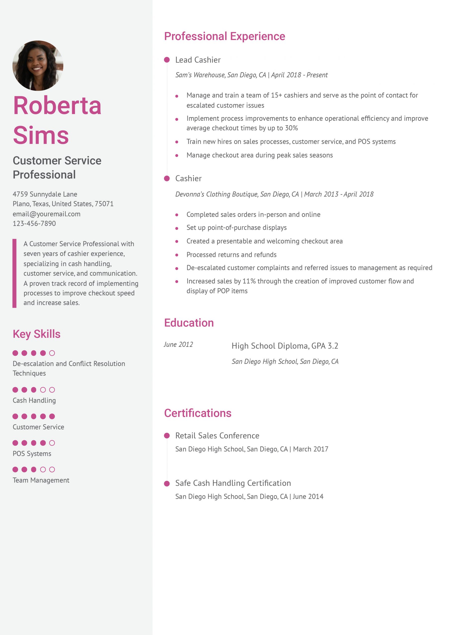 Cashier Resume Example
