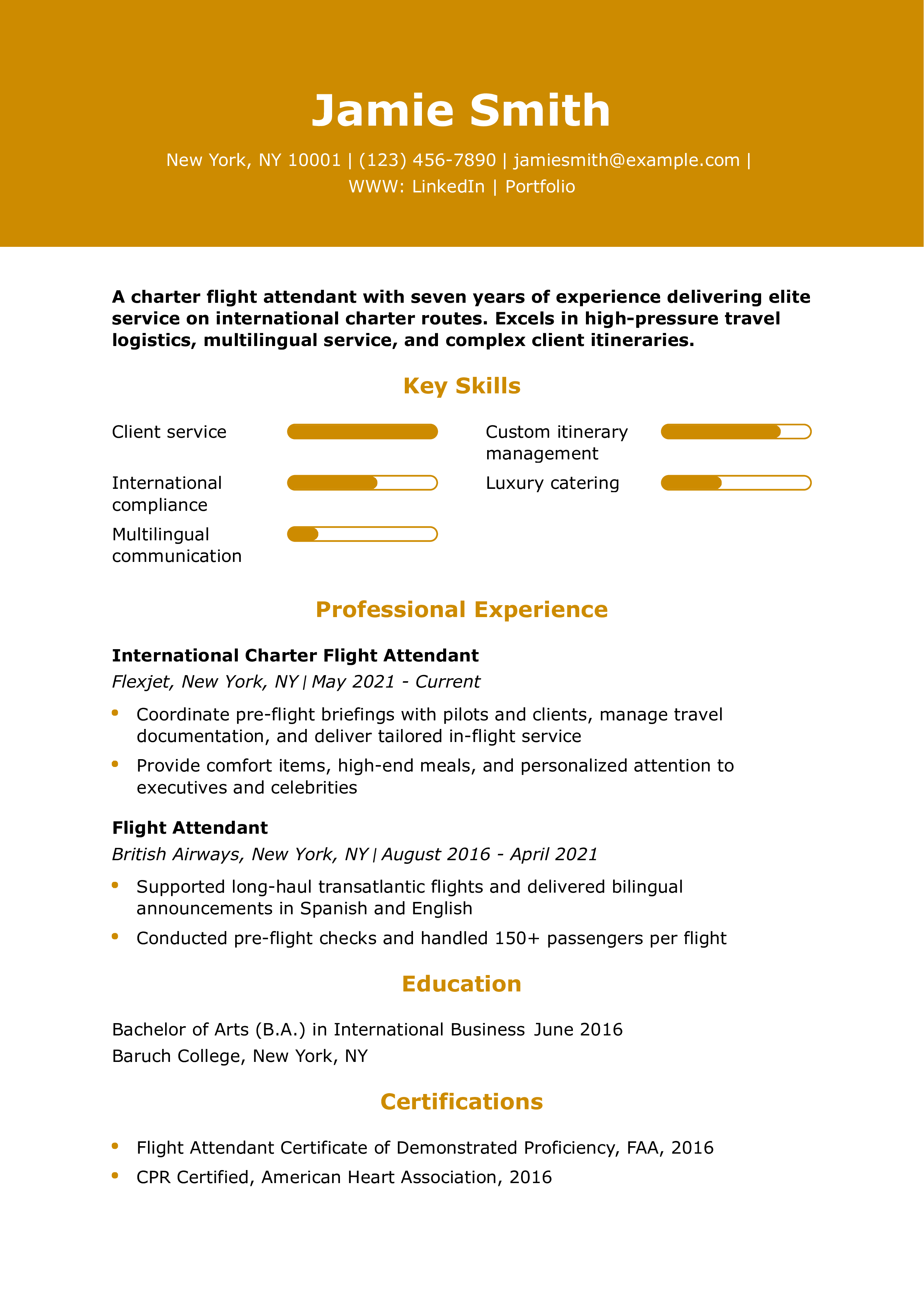 Charter Flight Attendant Resume Example