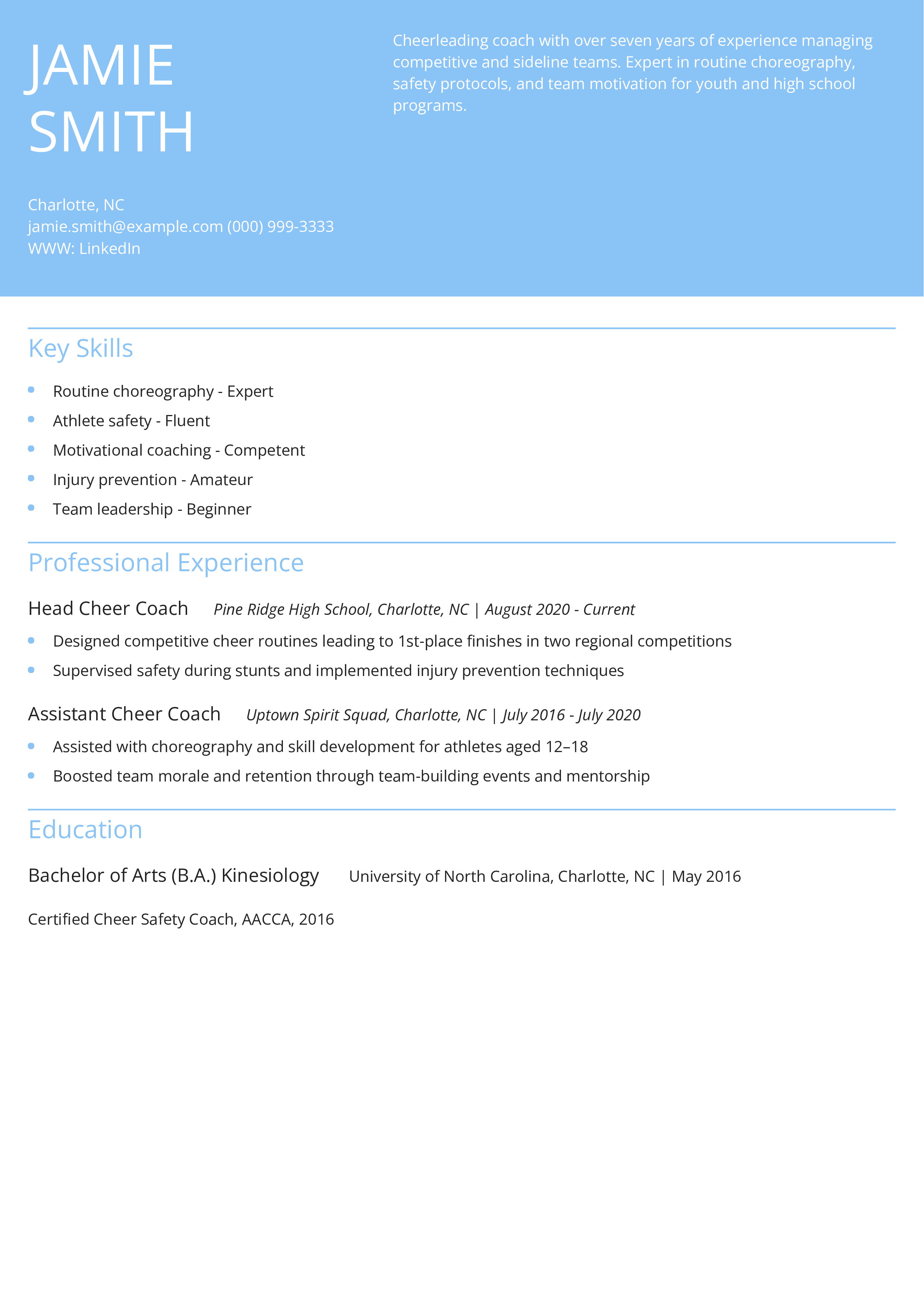 Cheer Coach Resume Example