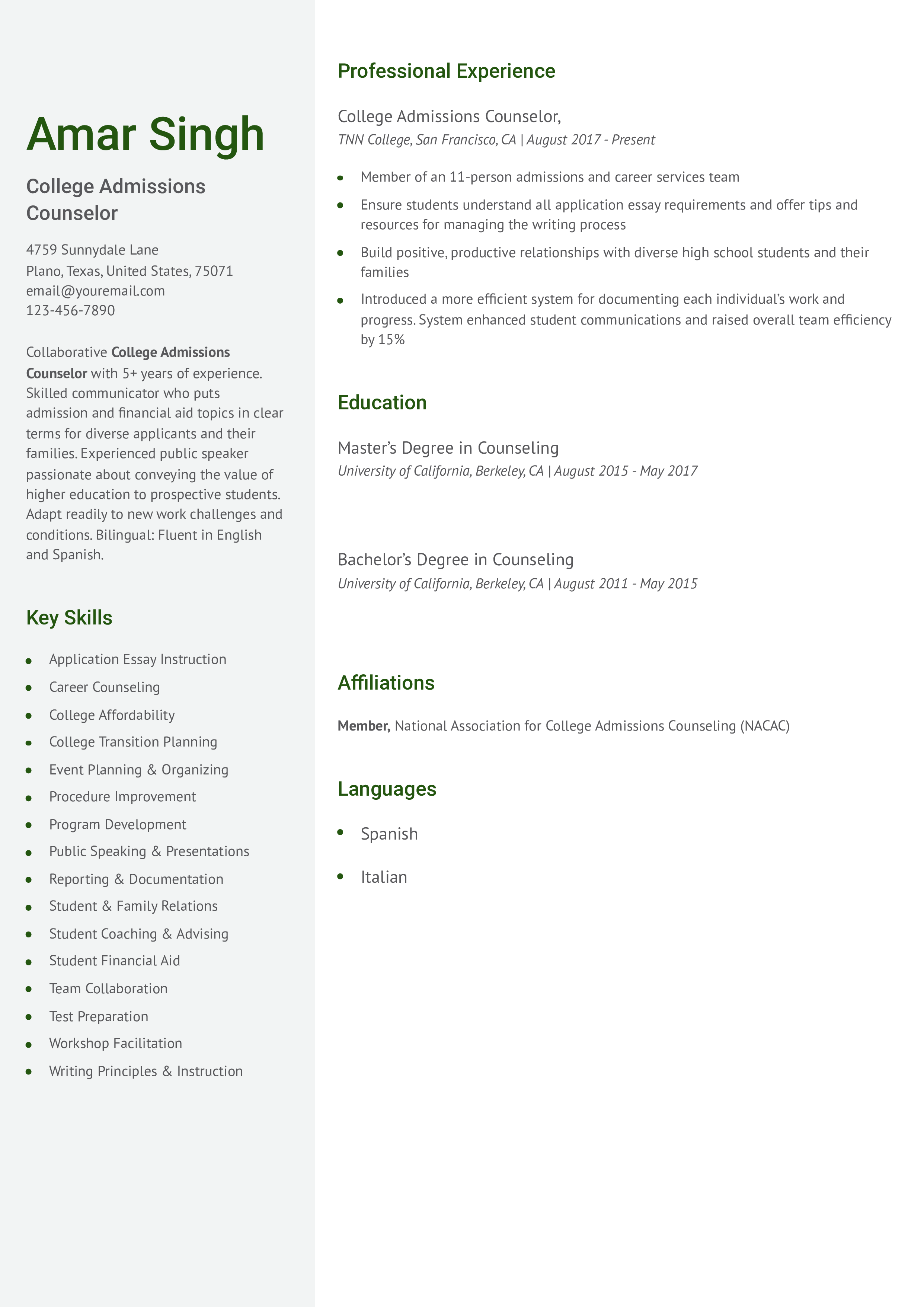 College Admissions Counselor Resume Examples and Templates for 