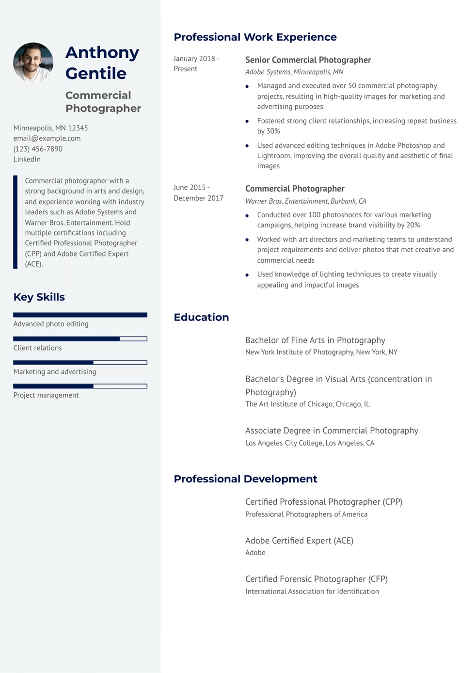 Commercial Photographer Resume Example