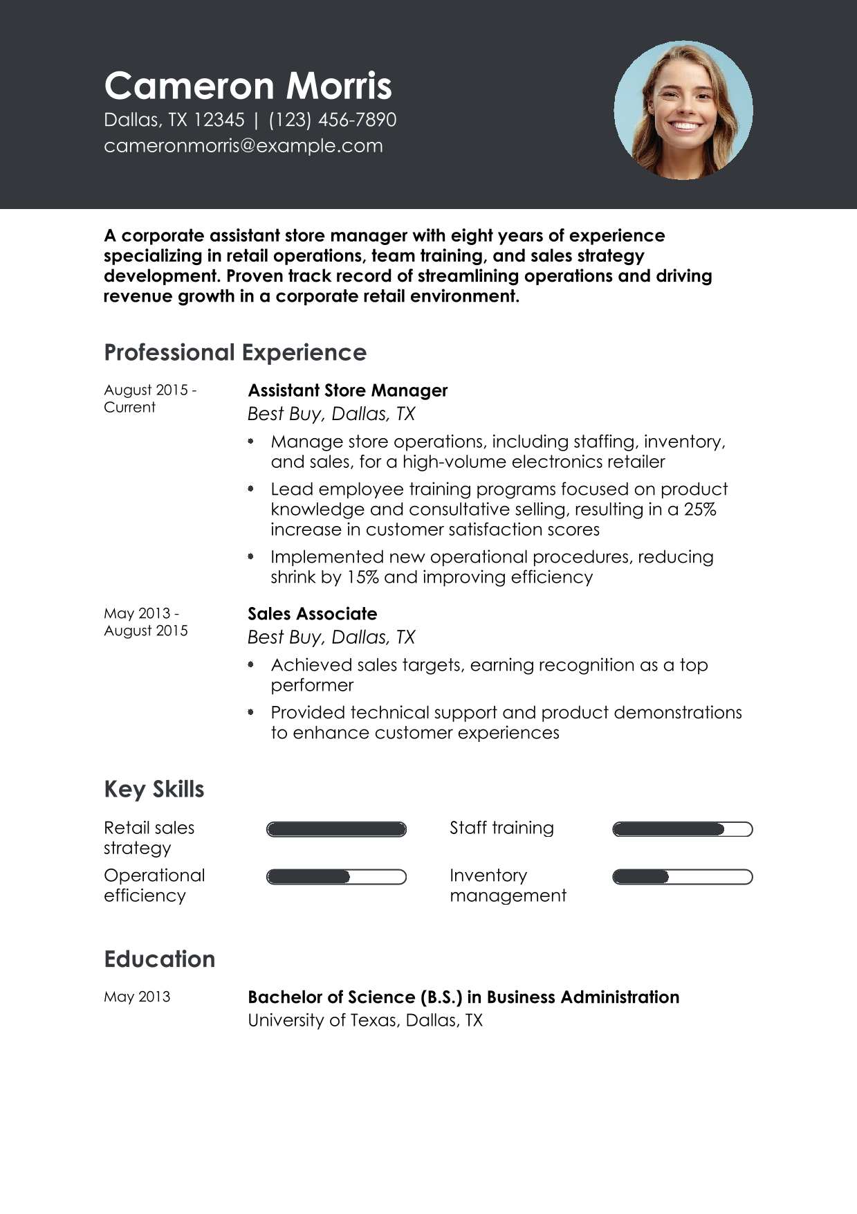 Corporate Assistant Store Manager Resume Example