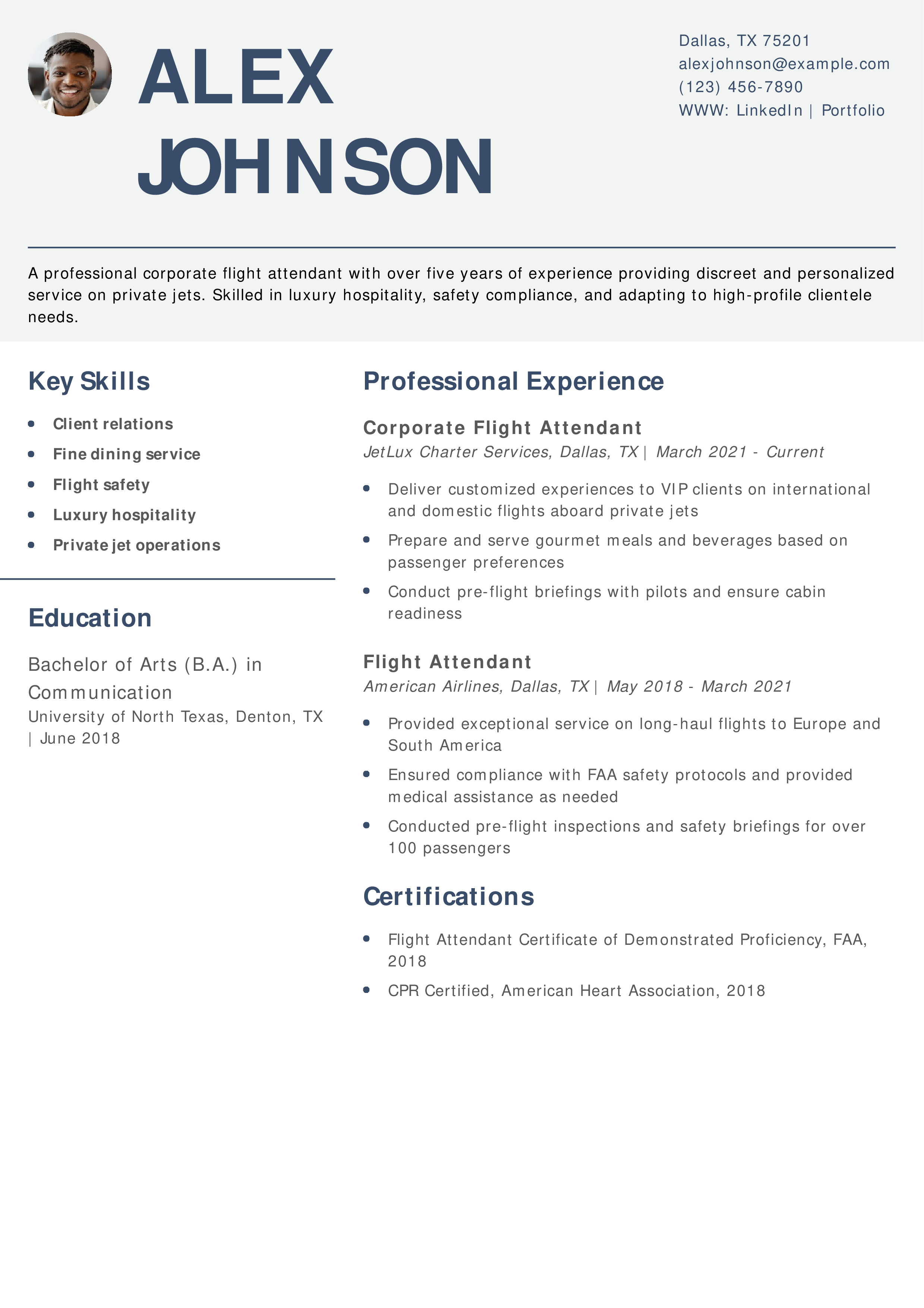 Corporate Flight Attendant Resume Example