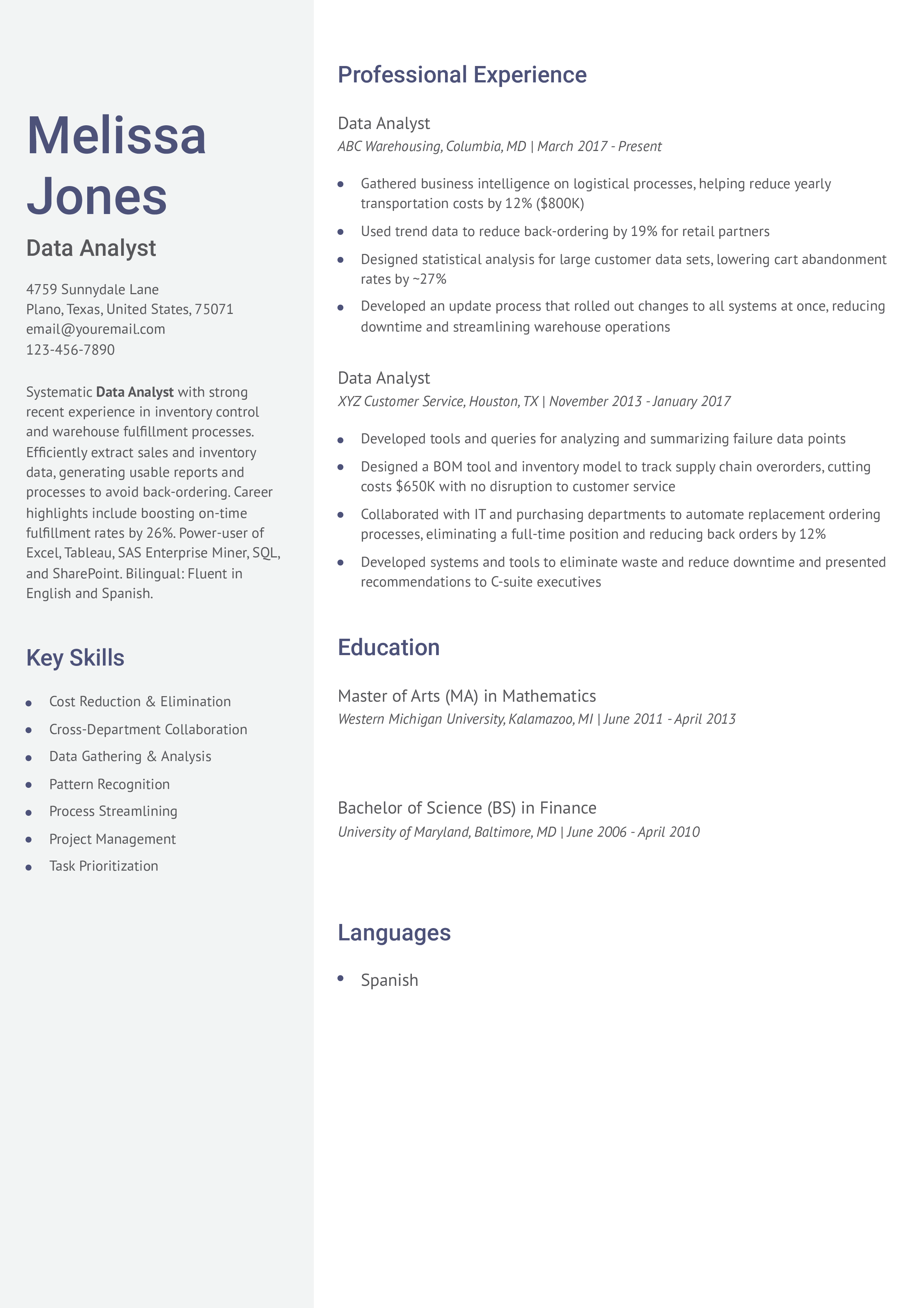 Data Analyst - Mid-Level Resume Example