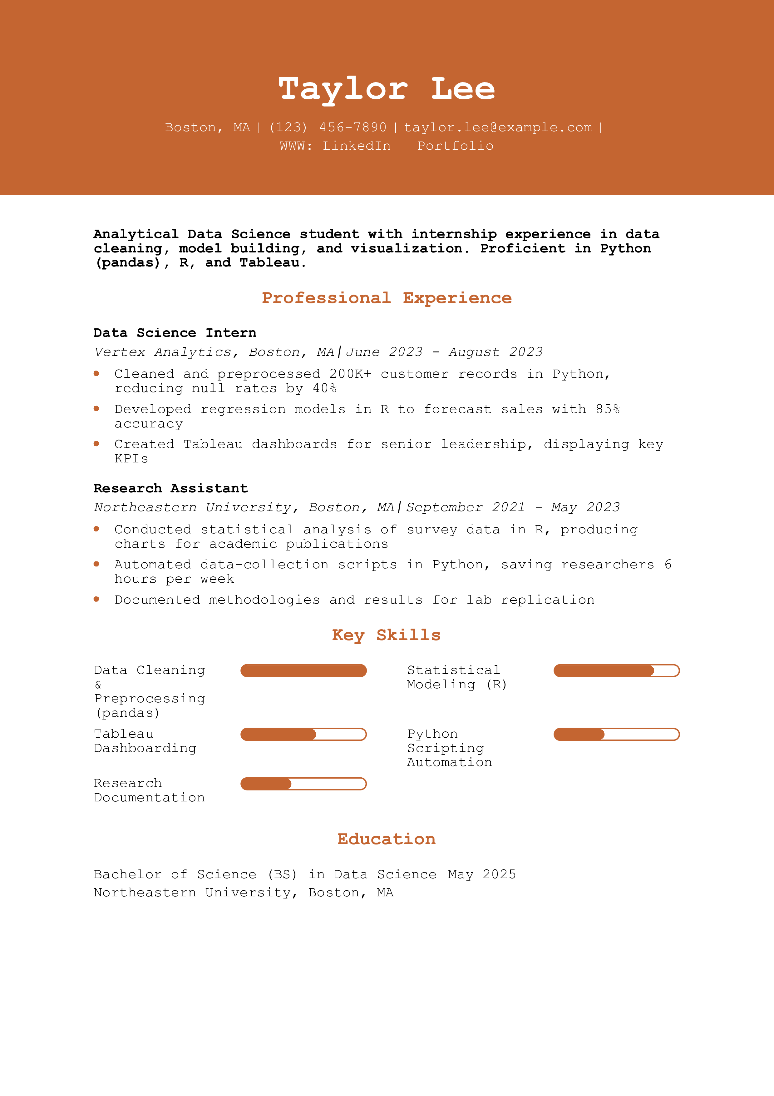 Data Science Internship Resume