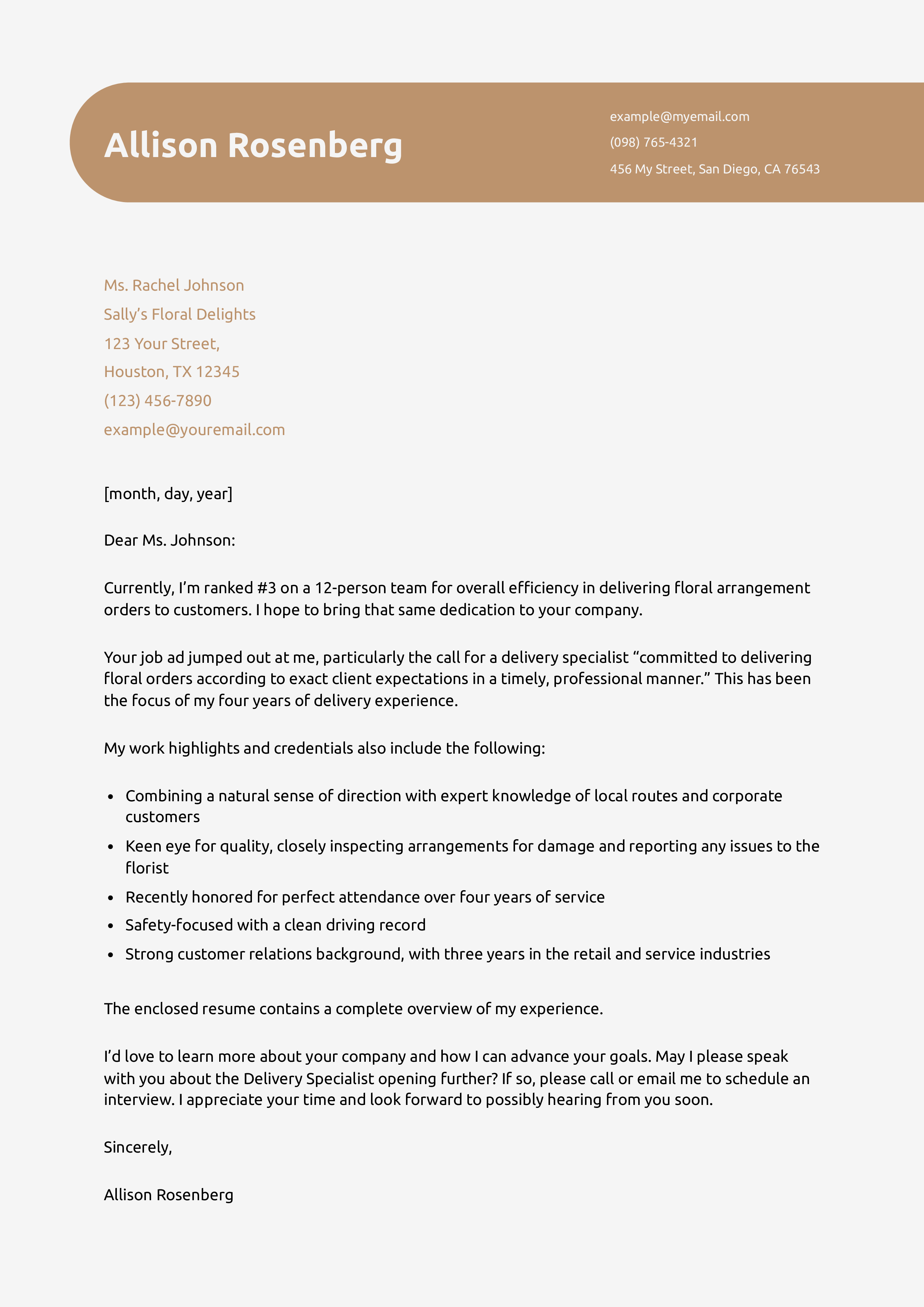 Delivery Driver Cover Letter