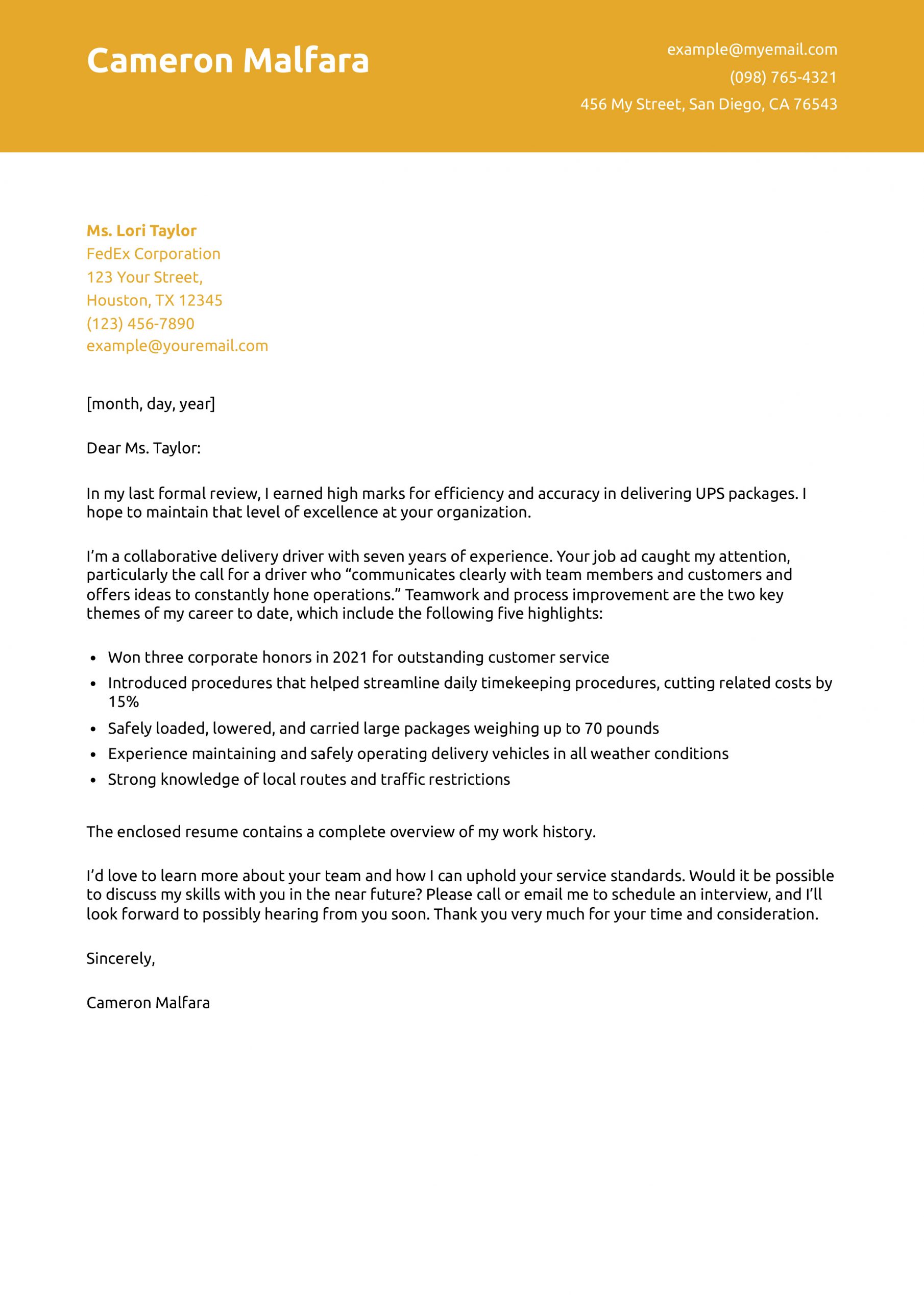 Delivery Driver Cover Letter Examples and Templates for 2025 
