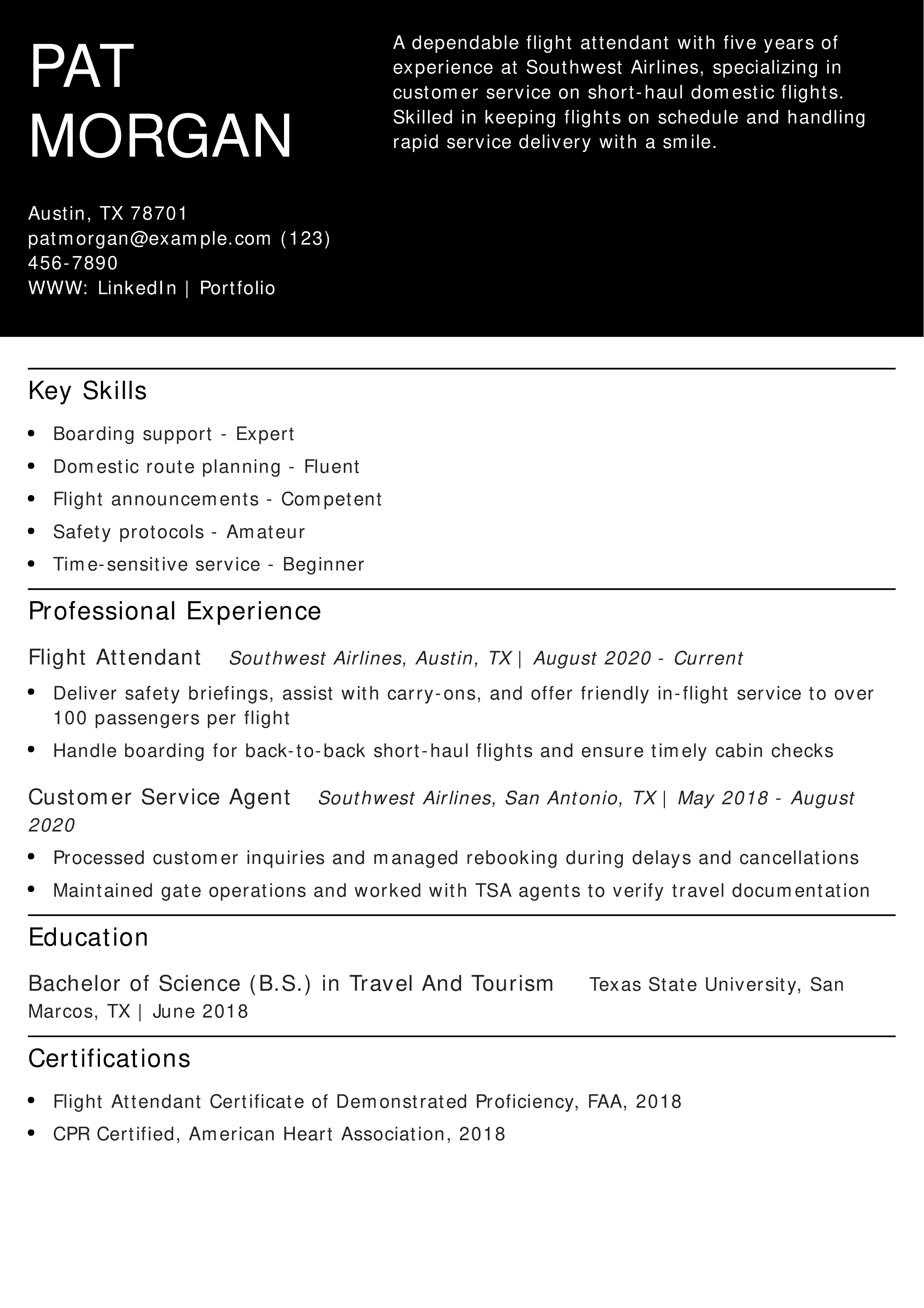 Domestic Flight Attendant Resume Example