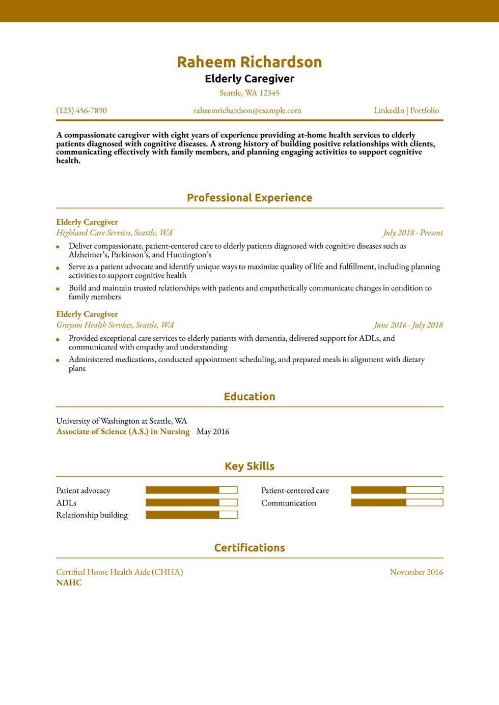 Elderly Caregiver Resume Example
