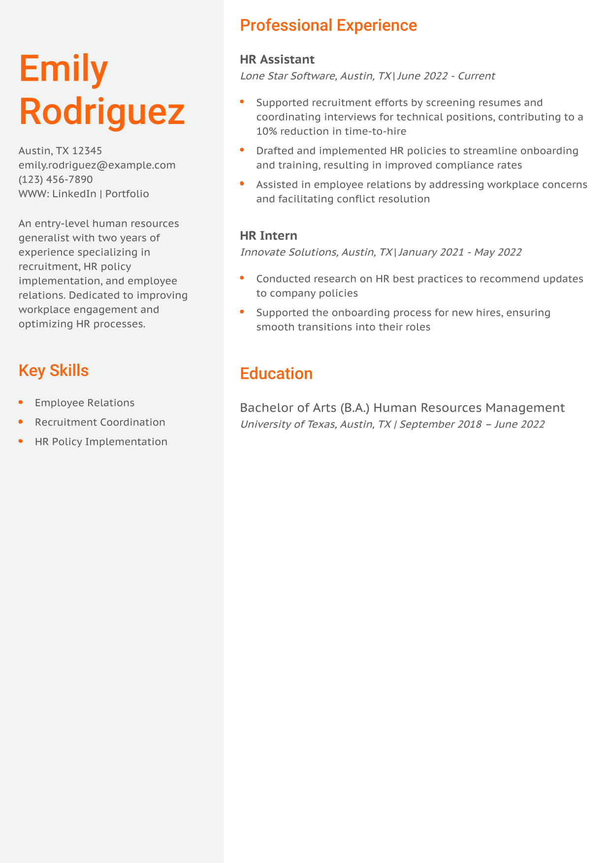 Entry-Level Human Resources (HR) Generalist Resume Example