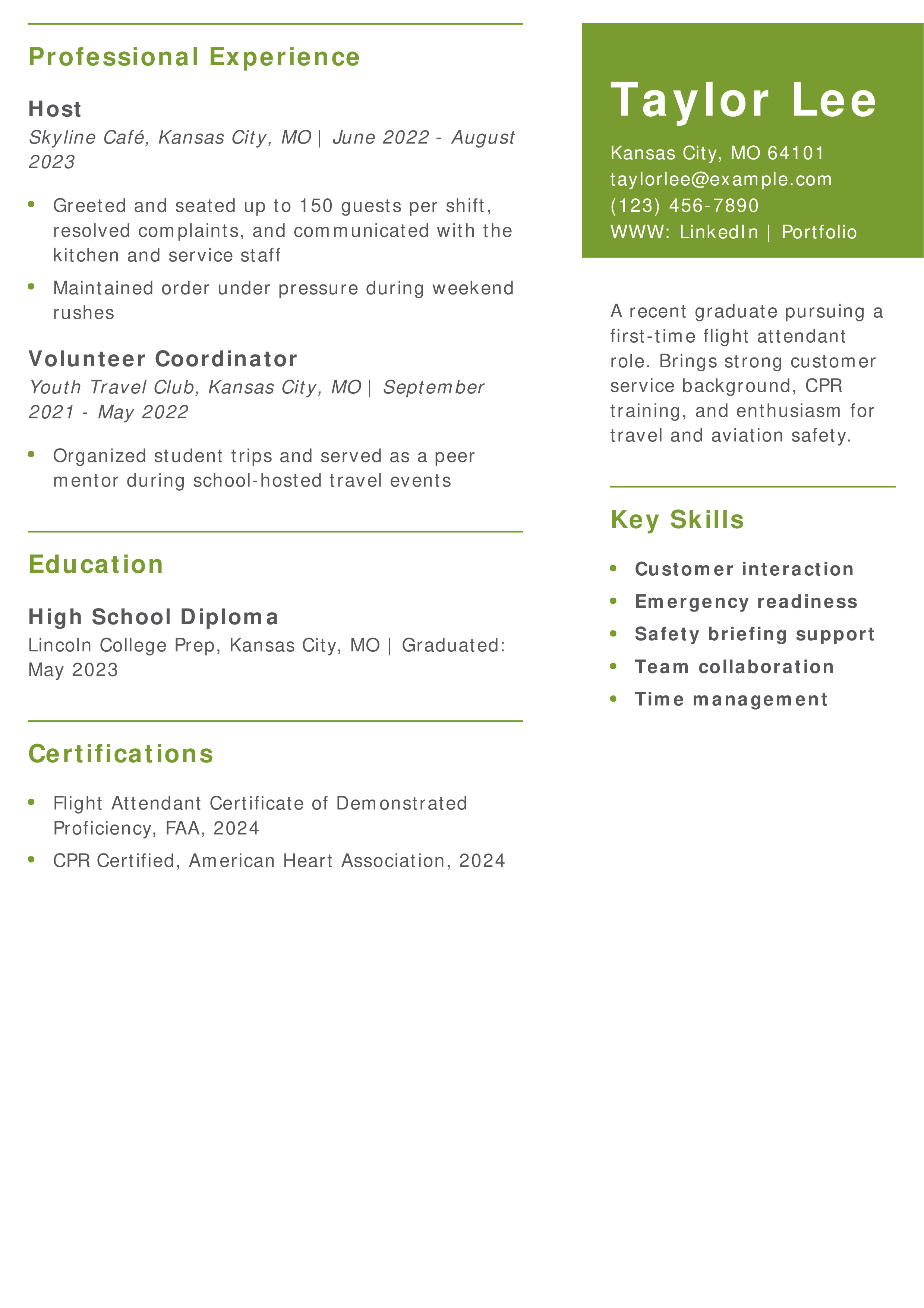 Entry-Level Teen Flight Attendant Resume Example