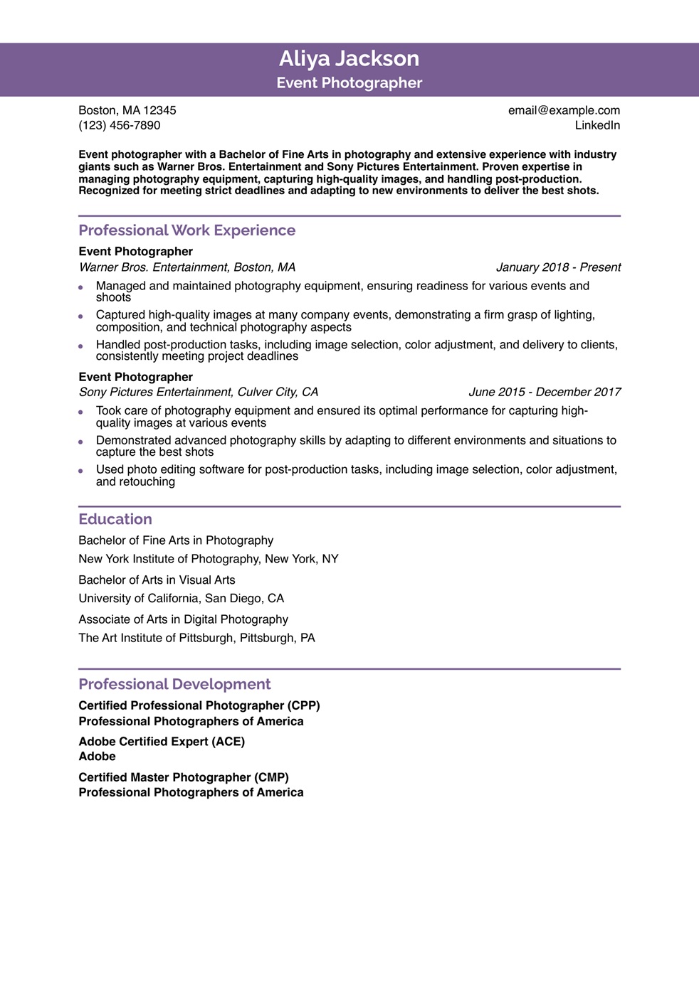Event Photographer Resume Example