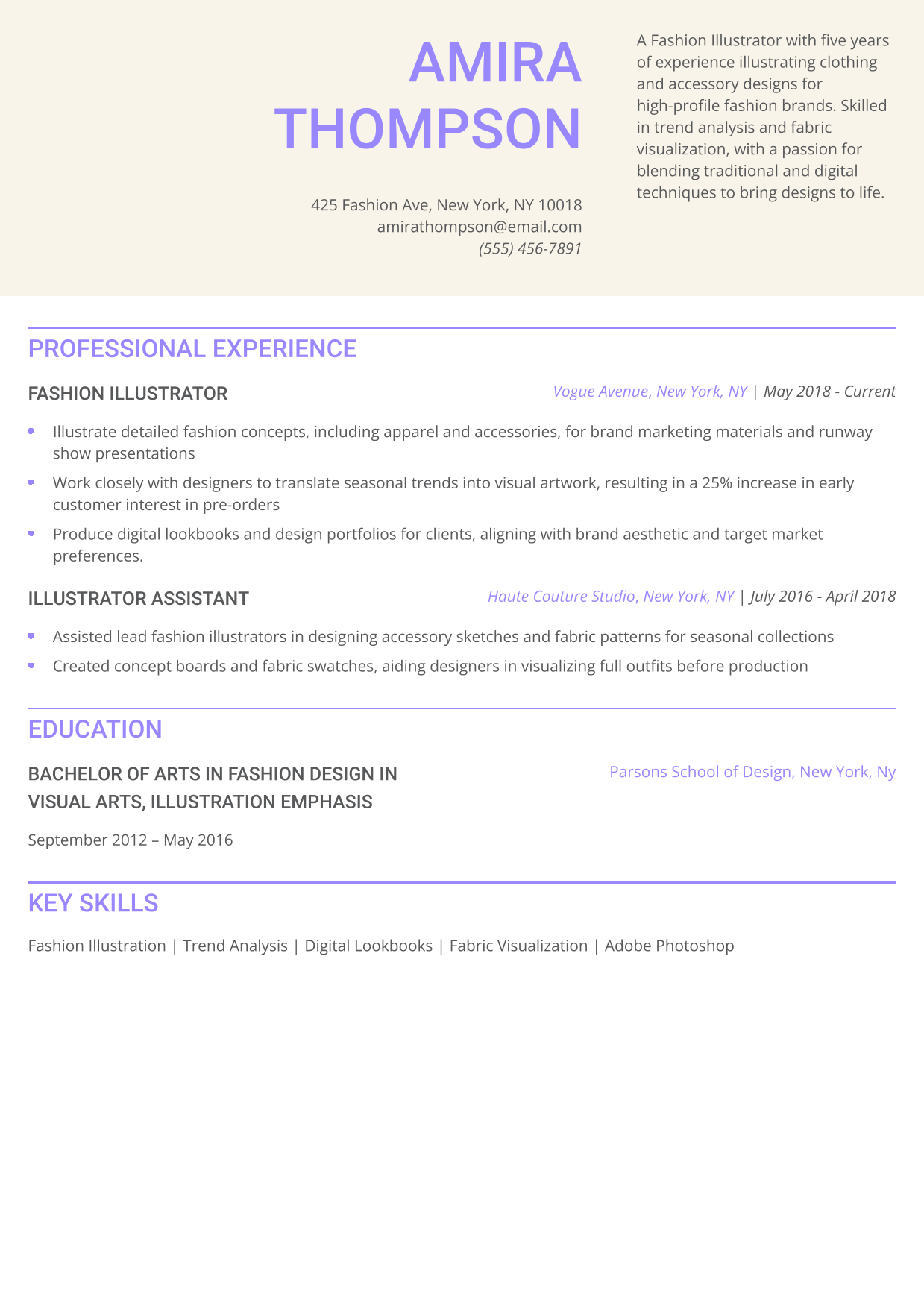 Fashion Illustrator Resume Example