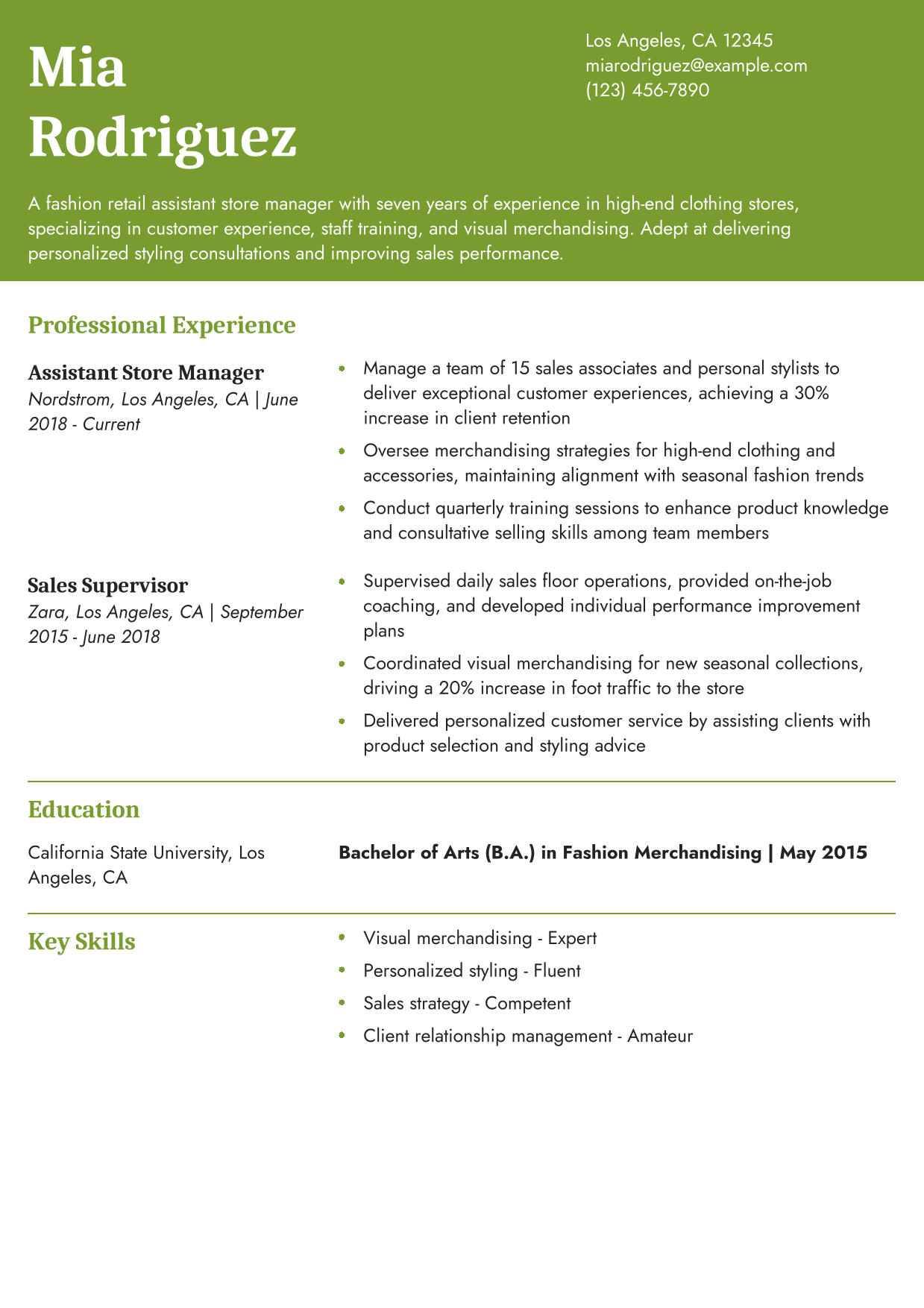 Fashion Retail Assistant Store Manager Resume Example