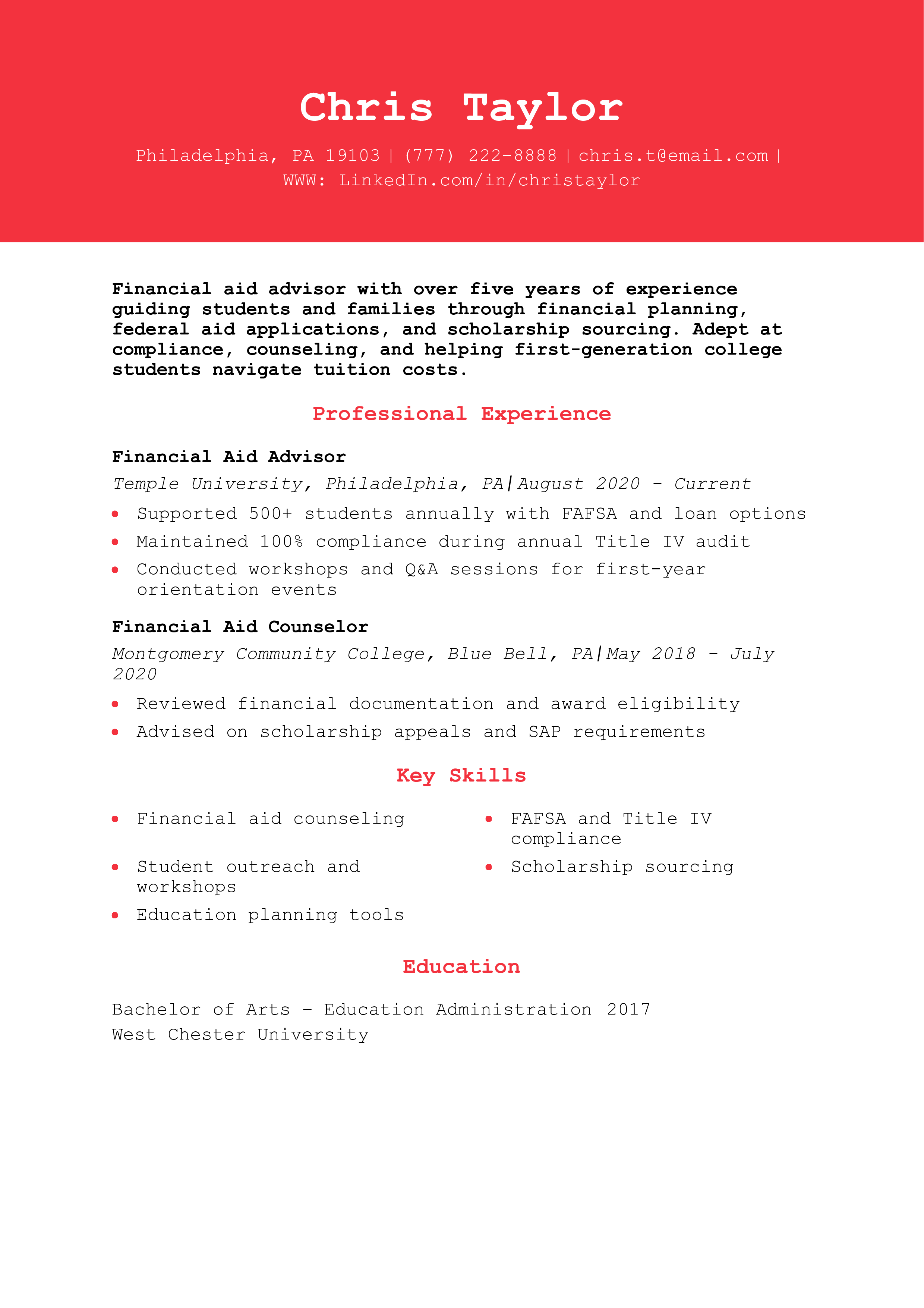 Financial Aid Advisor Resume Example