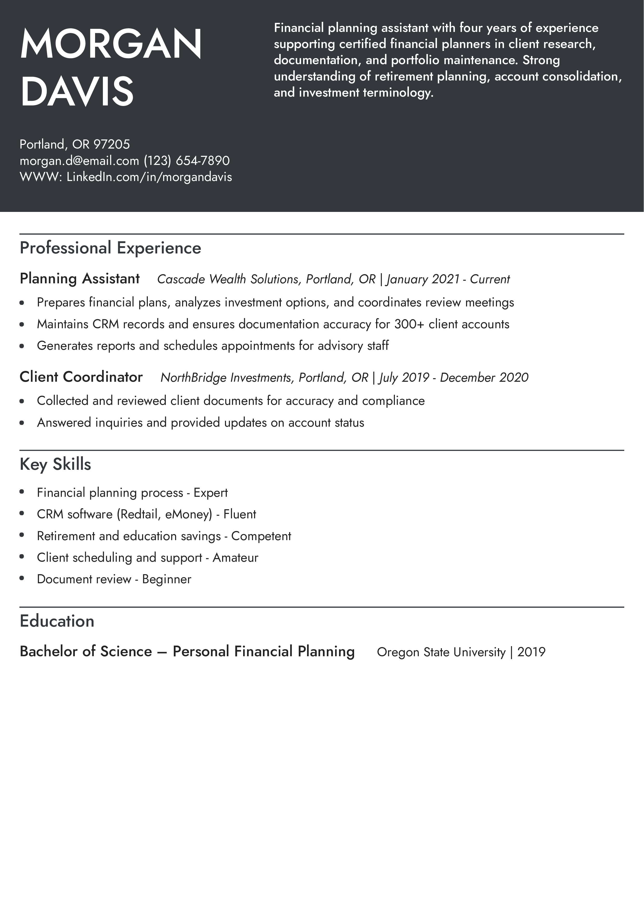 Financial Planning Assistant Resume Example