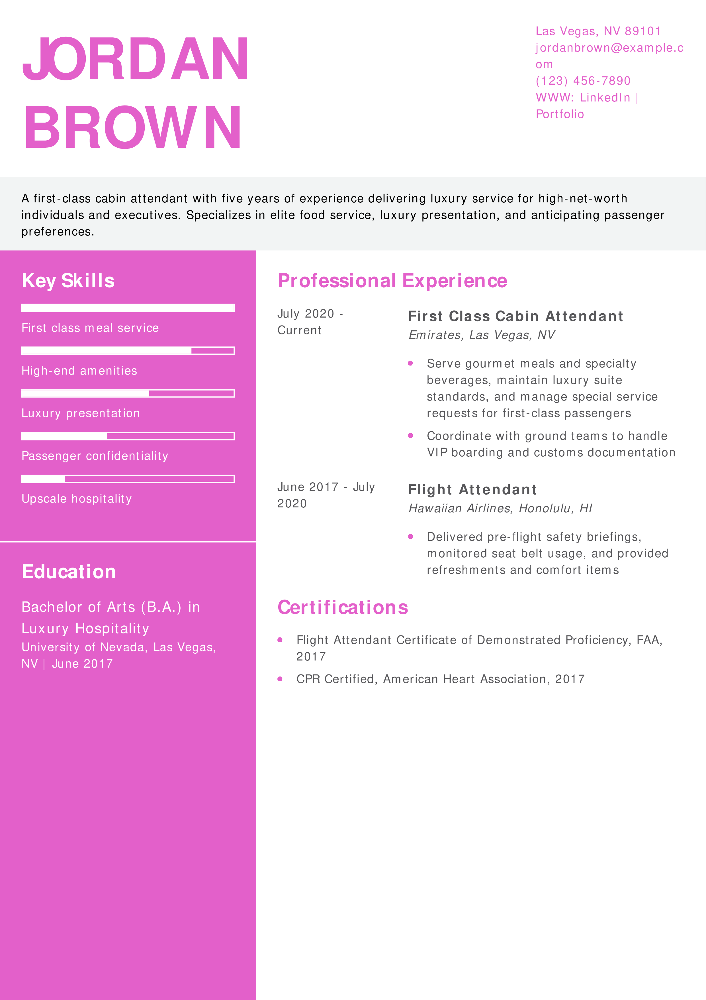 First-Class Flight Attendant Resume Example