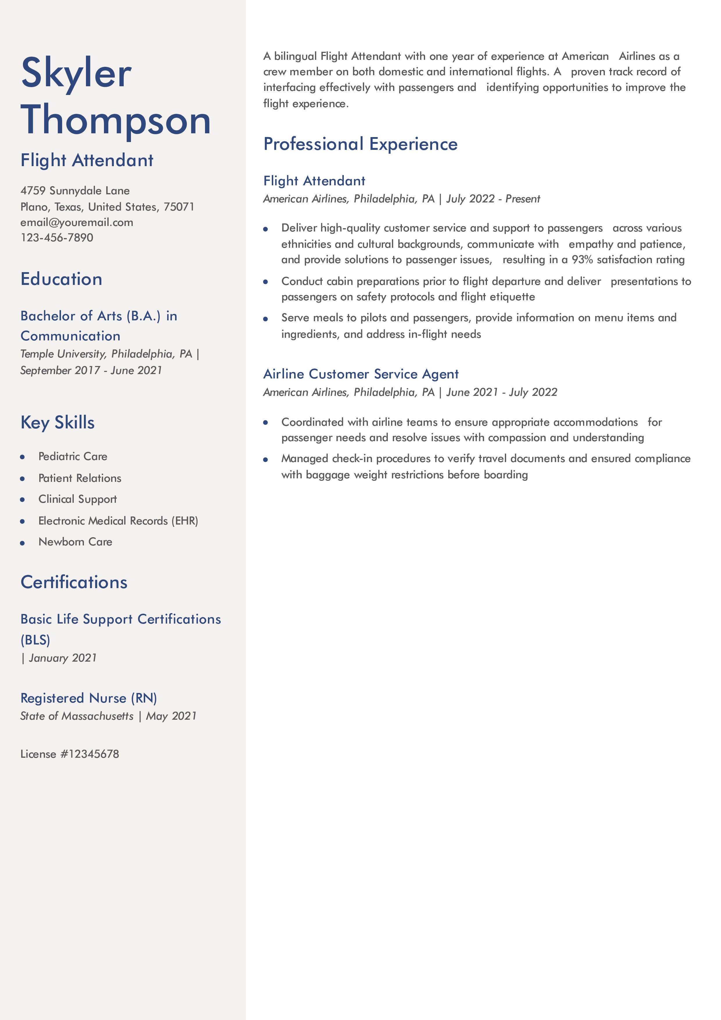 Flight Attendant Resume Example