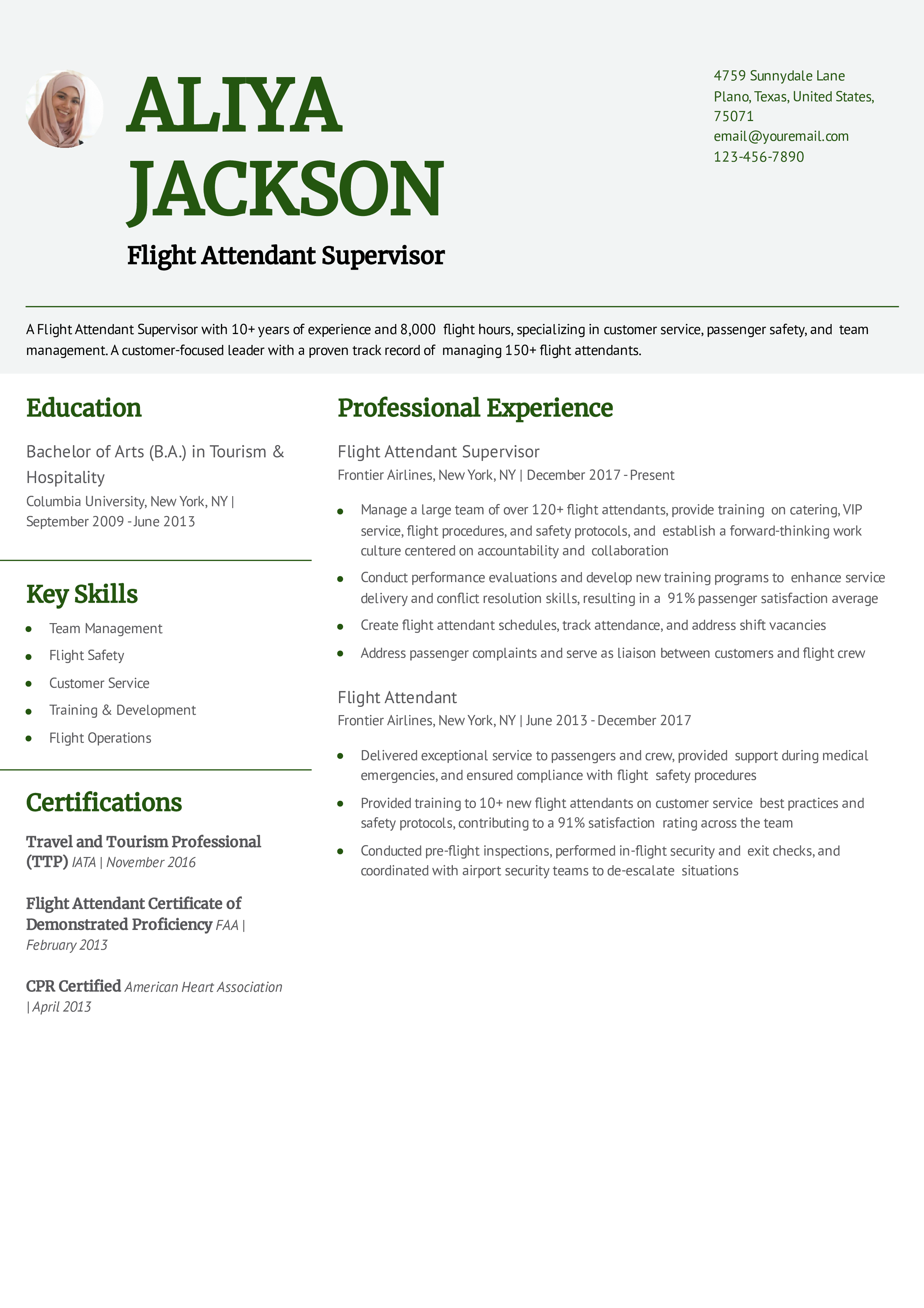 Flight Attendant Supervisor Resume Example
