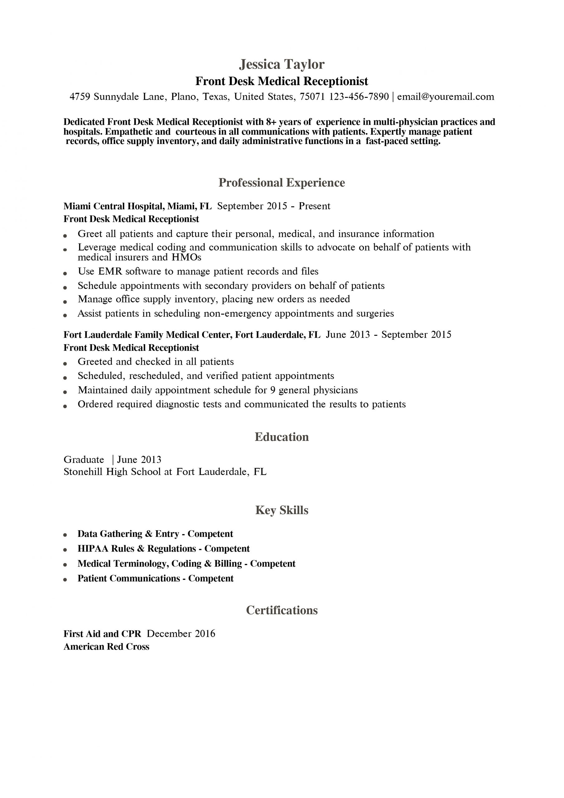 Front Desk Medical Receptionist Resume Examples and Templates for 2025
