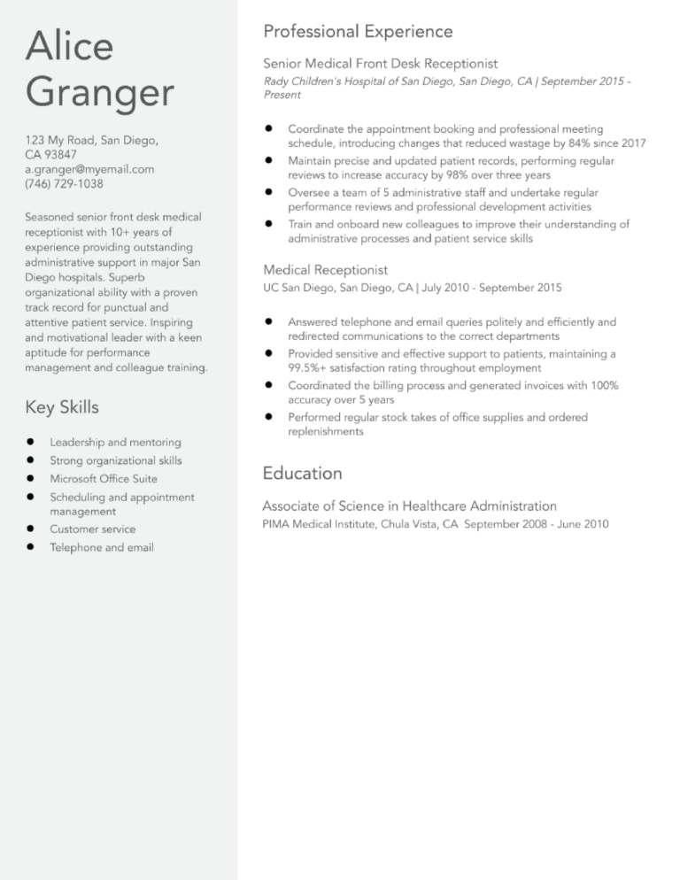 Front Desk Medical Receptionist Resume Examples and Templates for 2024