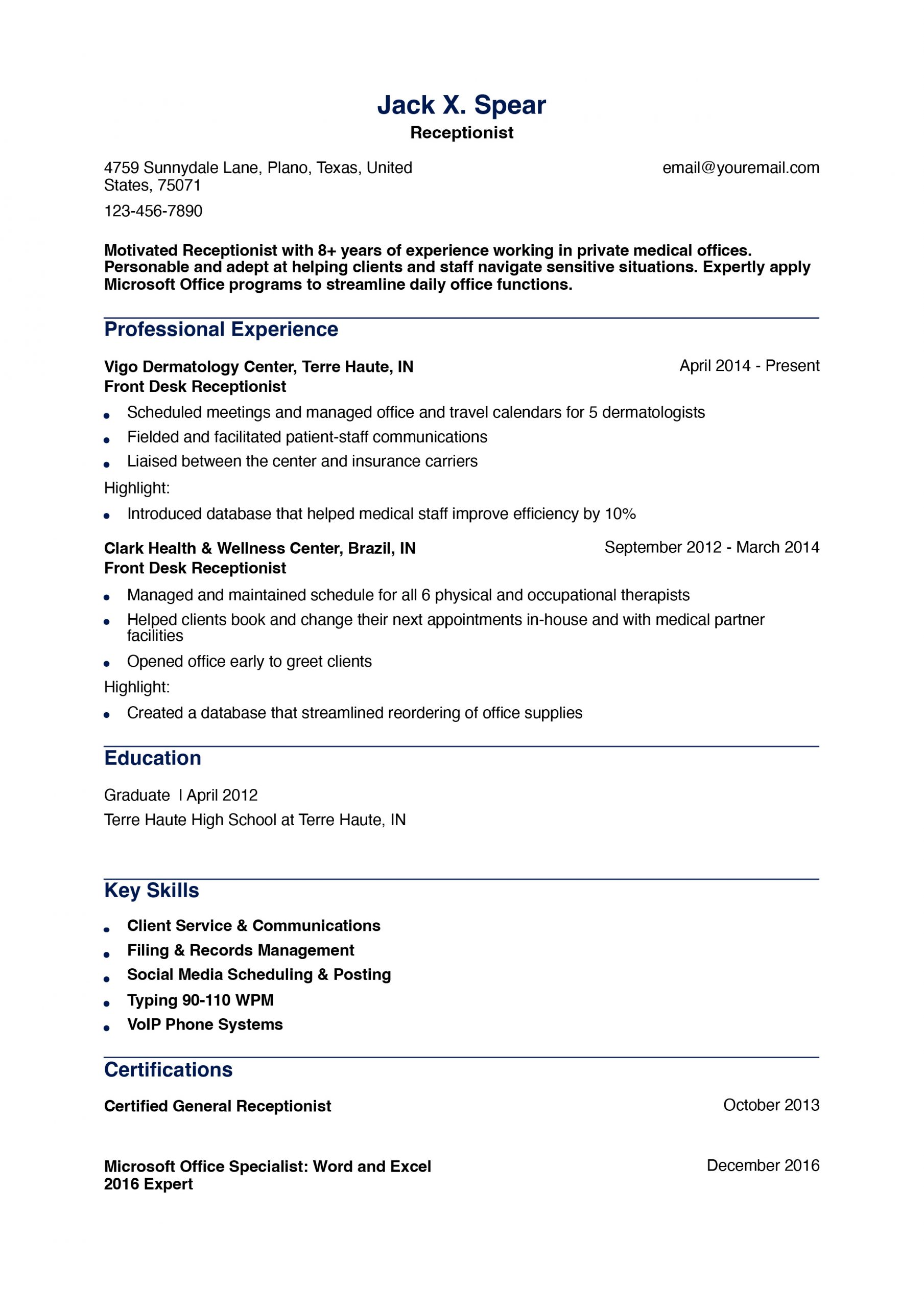 Front Desk Receptionist Resume Examples and Templates for 2025