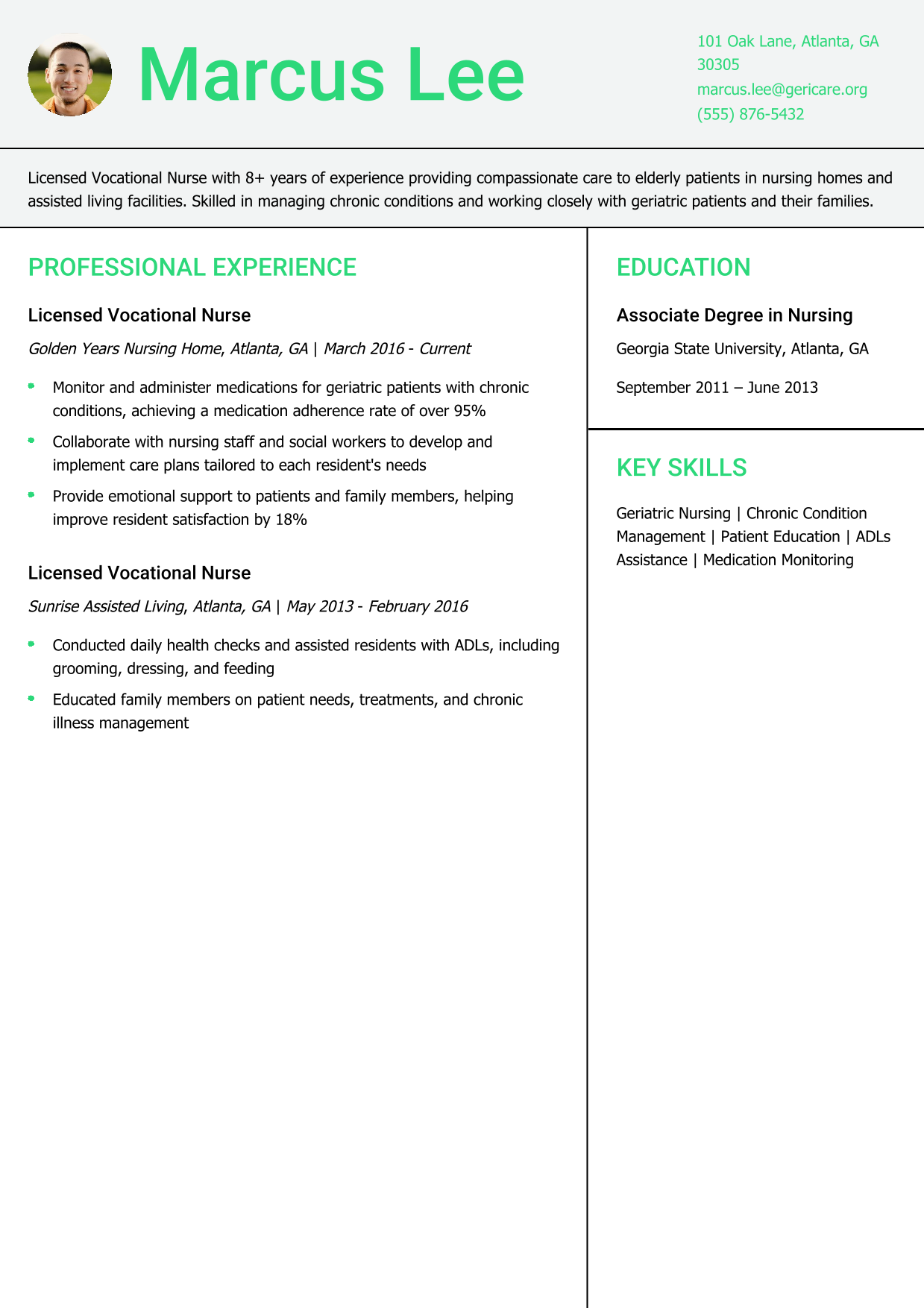 Geriatric LVN Resume Example