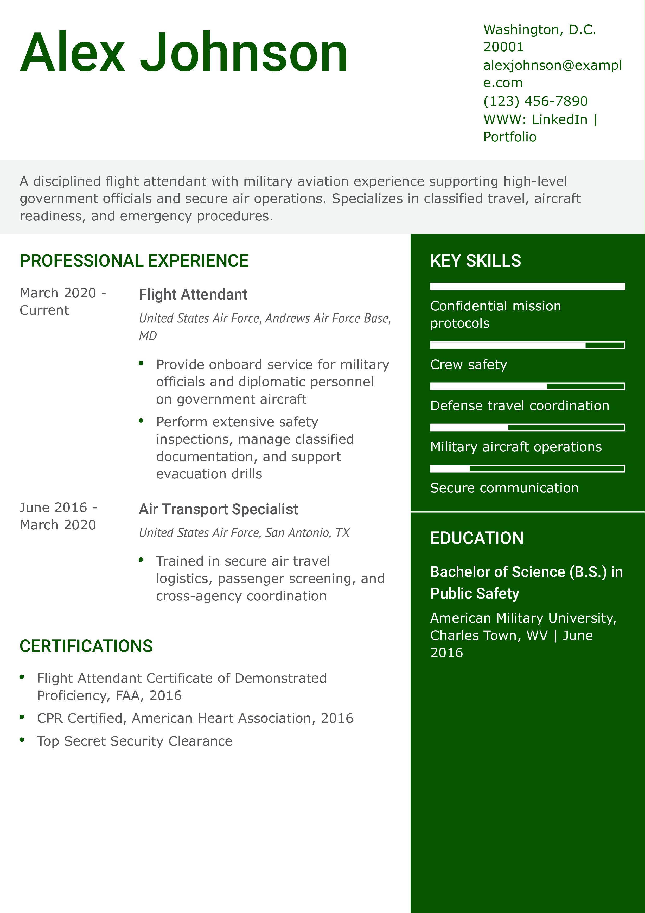 Government Aviation Flight Attendant Resume Example