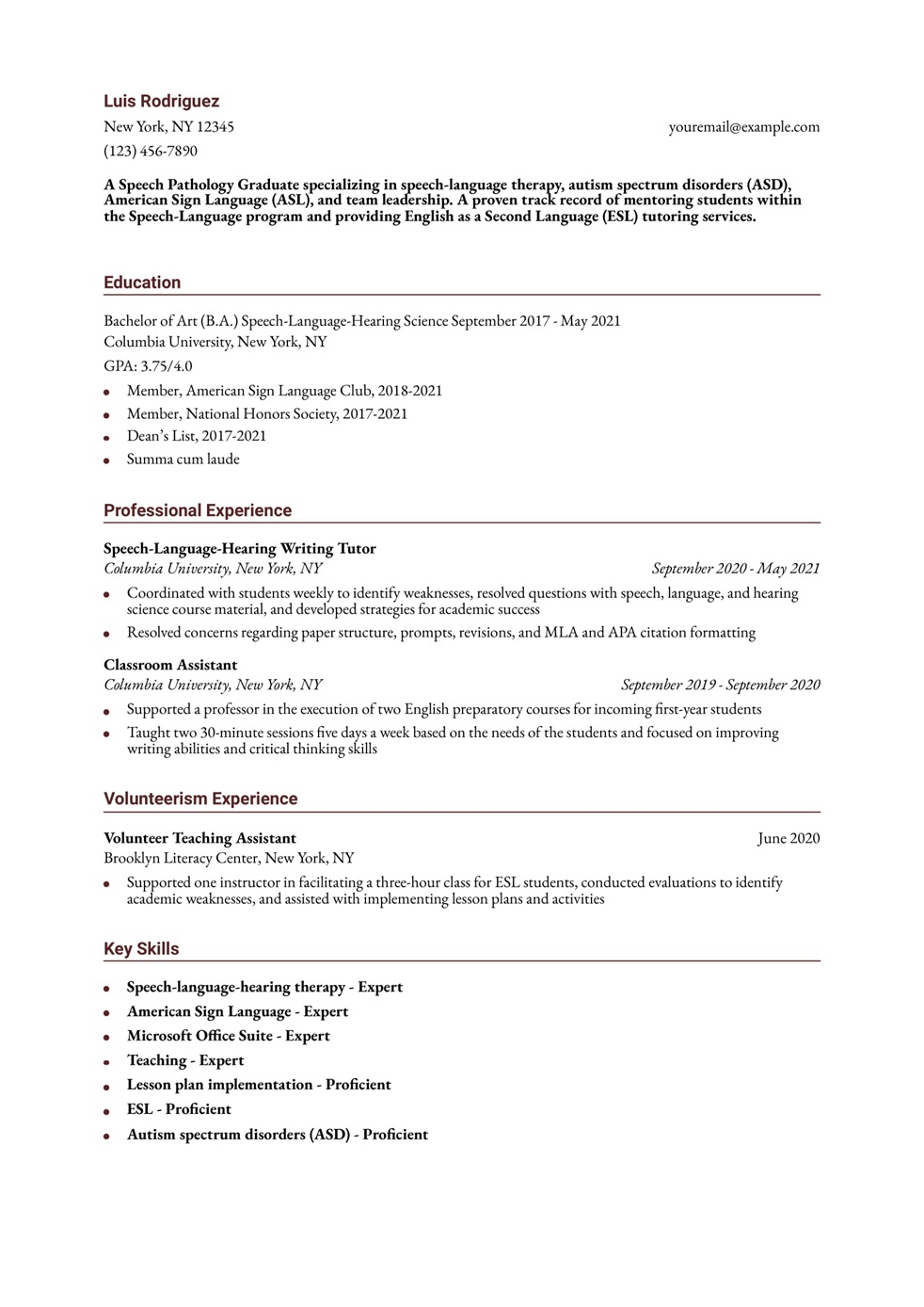Graduate School Resume Example